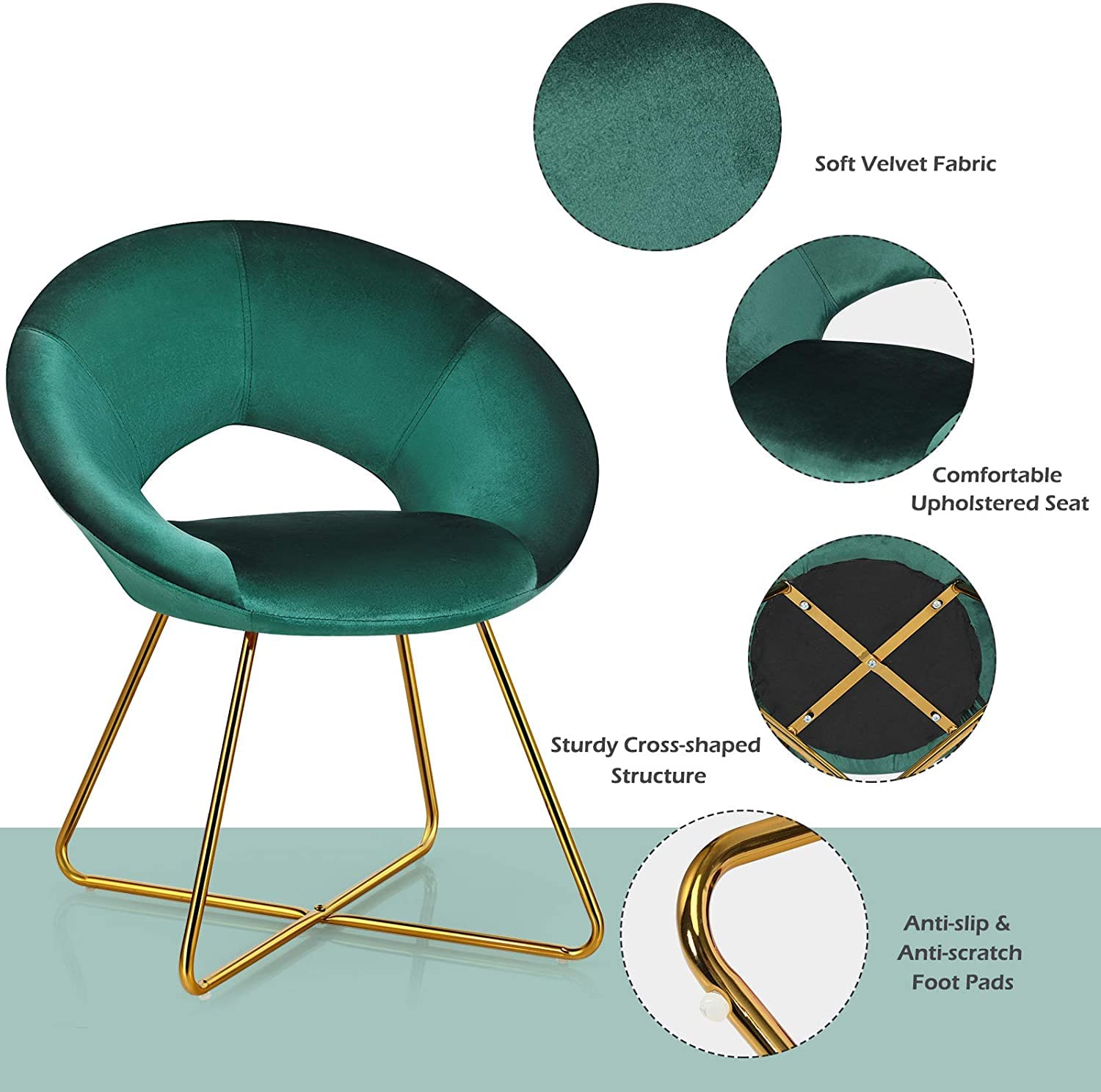 Mid-Century Velvet Accent Chair with Metal Legs - Green Upholstered Vanity Desk Chair for Living Room, Bedroom & Home Office - Golden Finished Modern Sofa Armchair (Set of 2) | Perfect for Reading Nooks, Lounge Areas & Stylish Workspaces