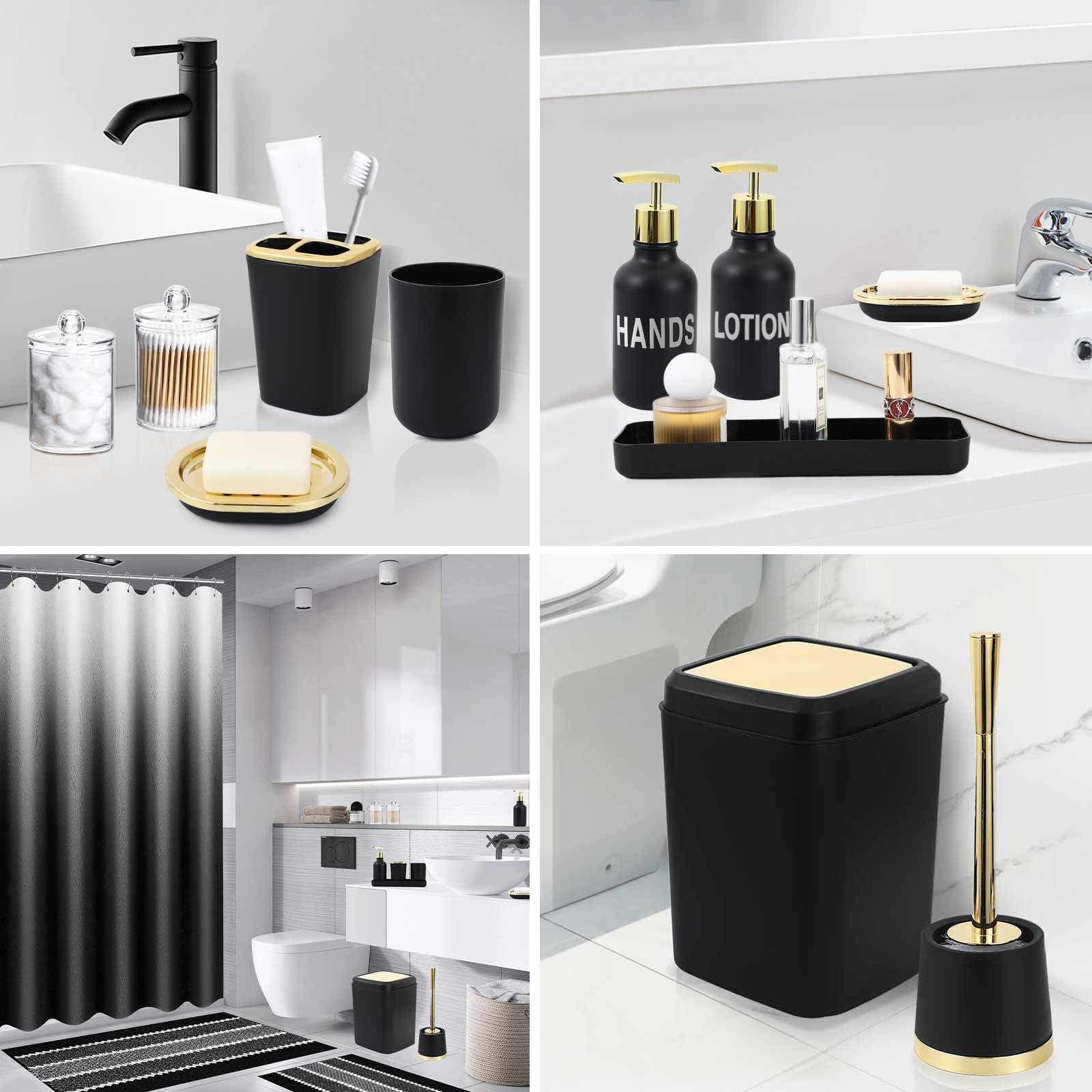 25-Piece Black Bathroom Accessories Set - Includes Shower Curtain, Bath Mat, Waste Bin, Toilet Brush, Soap Dispenser, Toothbrush Holder & Cup, Soap Dish, Cotton Swab Holder - Modern Bathroom Decor for Home & Hotel Use