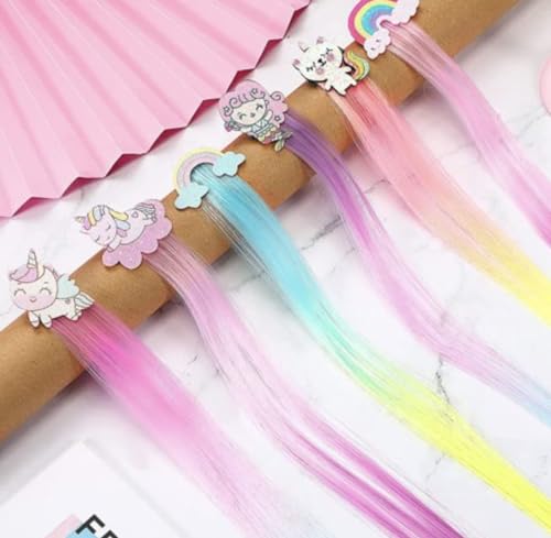 Trendy 3-Piece Ombre Colored Nylon Hair Extensions with Cartoon Alligator Clips - Rainbow Hairpieces for Girls & Kids - Perfect for Parties, Costumes & Dress Up - Pack of 3