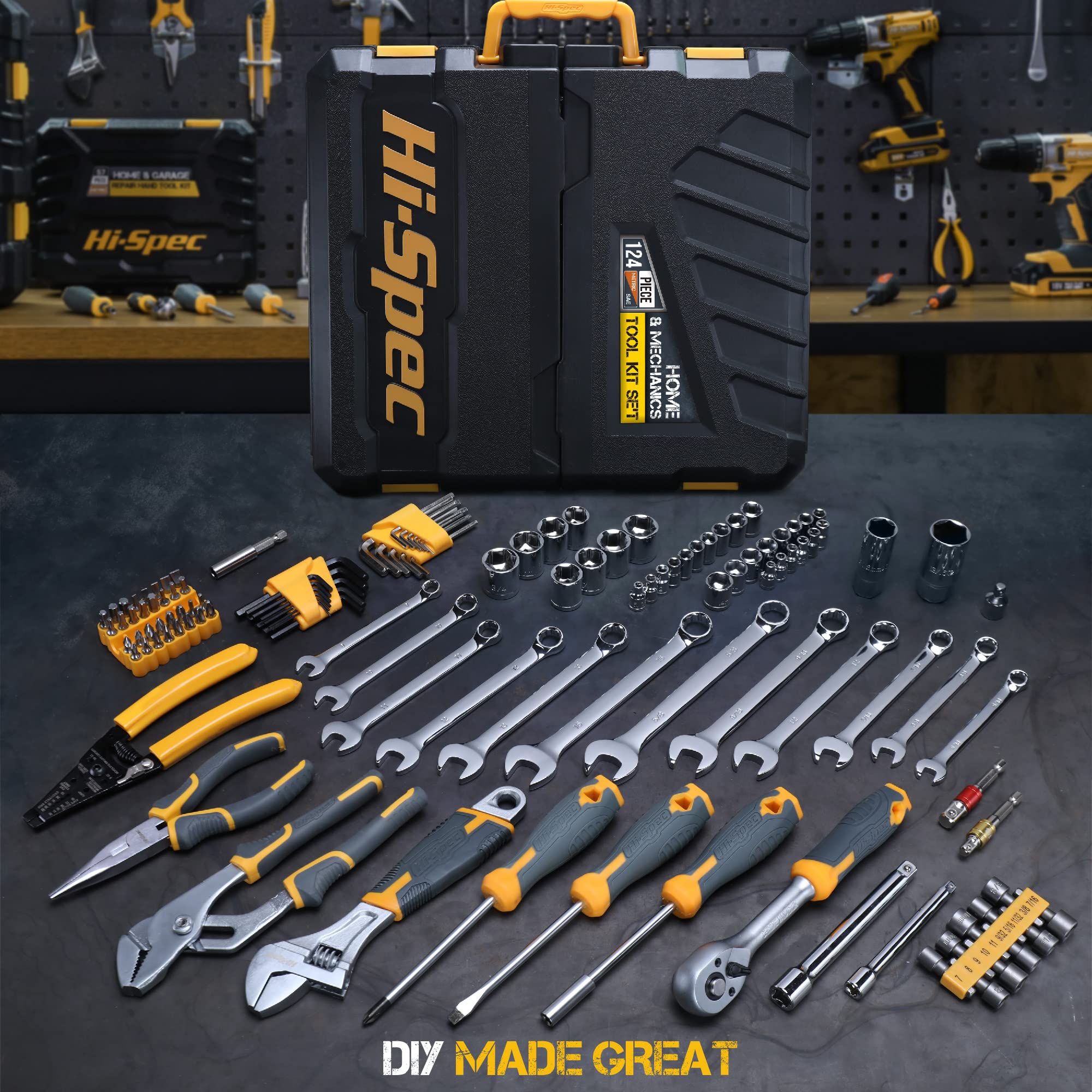 Hi-Spec 124-Piece Home & Garage Mechanics Tool Set - Complete Socket Wrench Kit for DIY Repairs & Auto Maintenance - Durable Plastic Storage Case Included - Perfect for Home Improvement, Car Repair & Professional Use