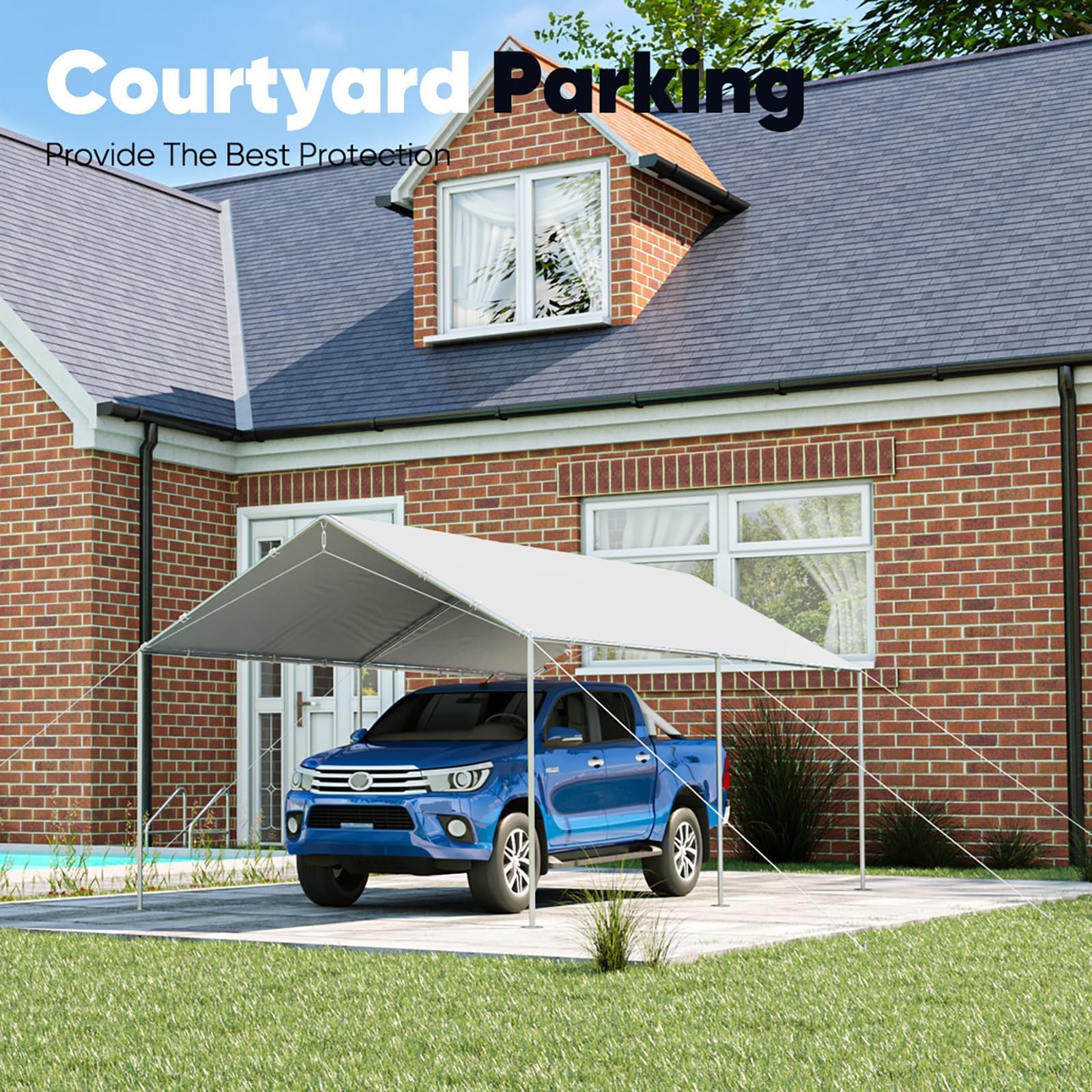 Quictent 10x20 ft Heavy Duty Car Canopy with Galvanized Steel Frame - Waterproof Outdoor Party Tent, Boat Shelter & Vehicle Cover with 3 Reinforced Steel Cables (Gainsboro) - Perfect for Backyard Events, Camping & RV Protection