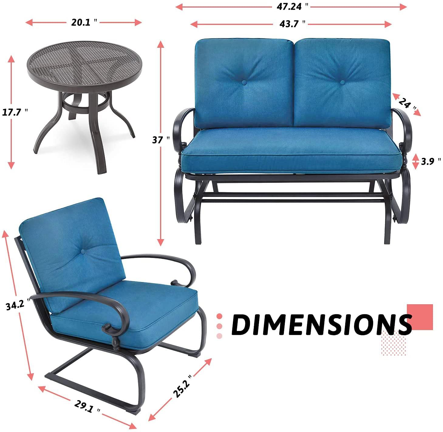 SOLAURA 4-Piece Outdoor Patio Furniture Set - Peacock Blue Glider Loveseat Swing, Spring Lounge Chairs & Side Table - Perfect for Garden, Deck, Balcony, Poolside & Lawn Relaxation | Durable Weather-Resistant Conversation Set for Outdoor Entertaining