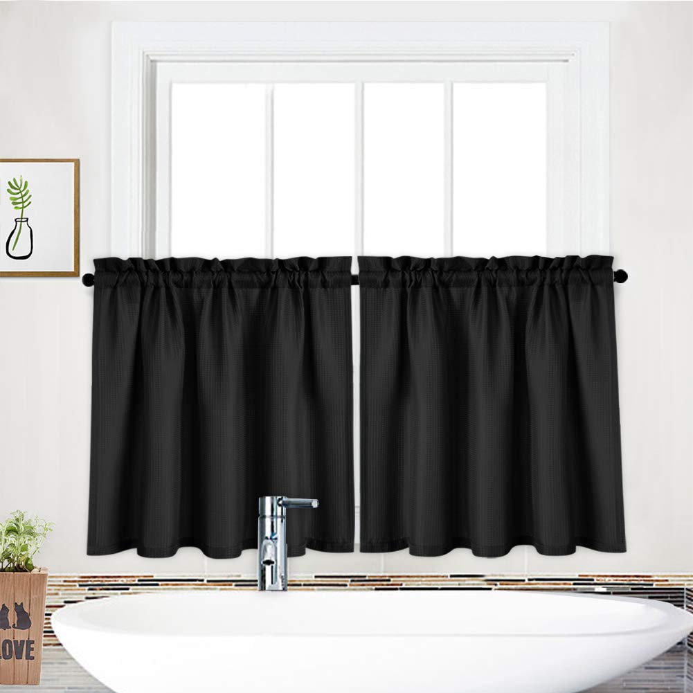 Black Waffle Weave Waterproof Kitchen Tier Curtains - Set of 2, 30