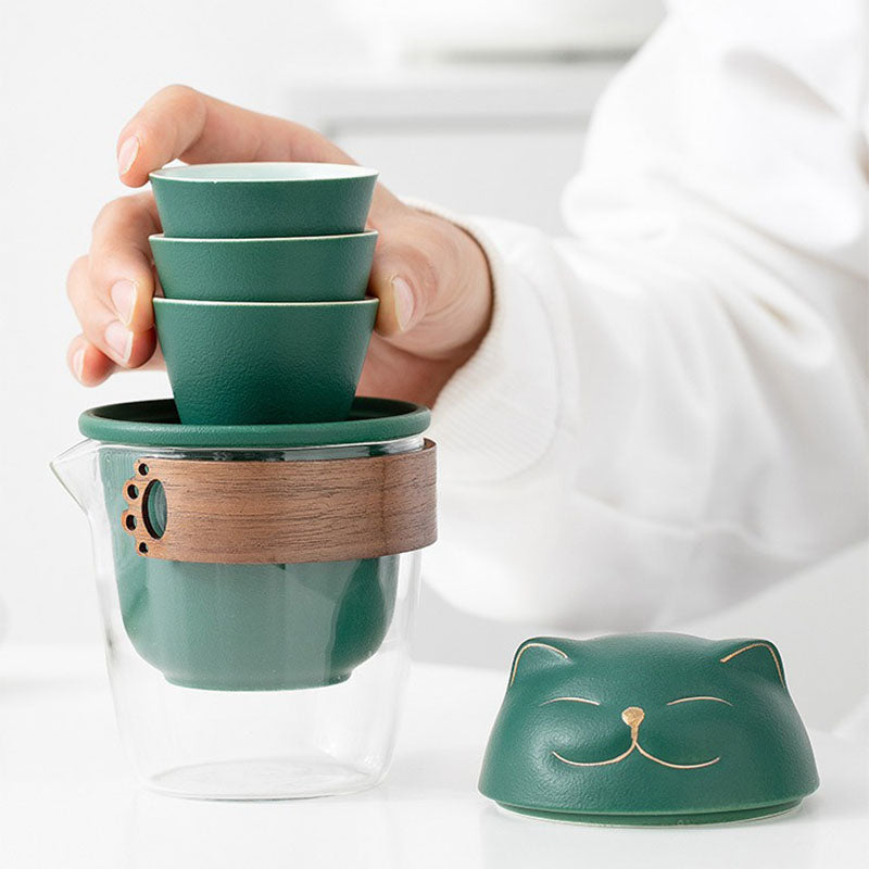 Maneki Neko Fortune Cat Travel Tea Set - Japanese Lucky Cat Ceramic Tea Cup with Infuser | Perfect for Office, Home, and Travel Use