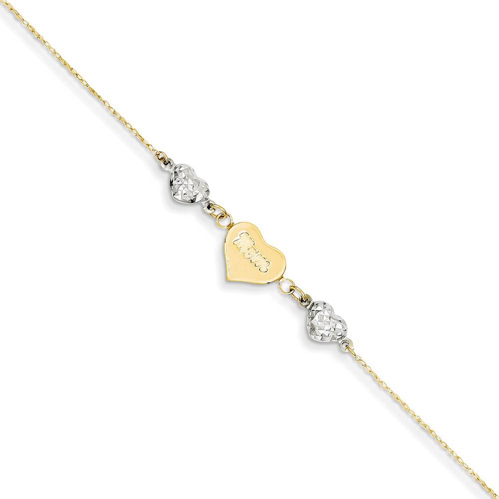 14K Two-Tone Gold Diamond-Cut Puffed Heart & Mom Heart Anklet - 9 Inch Adjustable Black Bow Jewelry for Women, Perfect Gift for Mother's Day, Valentine's Day & Special Occasions