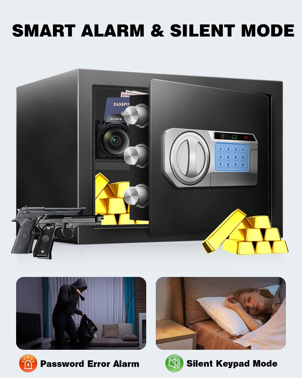 1.5 Cu Ft Steel Electronic Digital Safe Box for Home & Office - Secure Documents, Money, Jewelry & Valuables with LED Sensor Light & External Power Compartment - Perfect for Bedroom, Closet or Business Security Storage