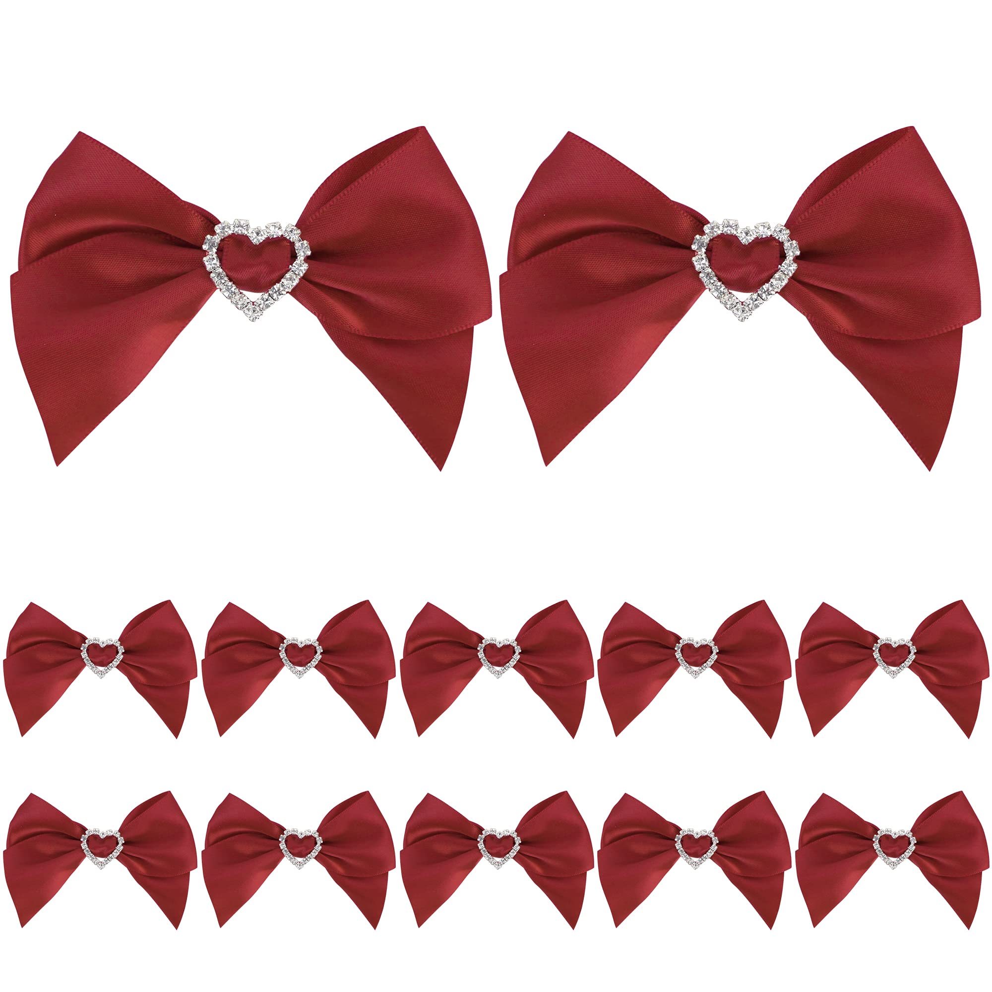 Pre-Tied Red Satin Bows with Rhinestones - 12pcs for Gift Wrapping & Wedding Decor