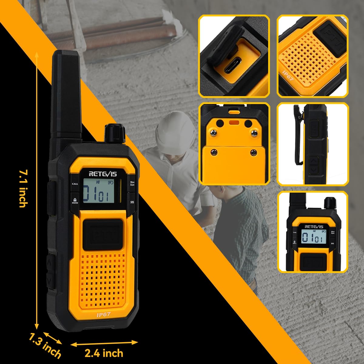 Retevis RB48 Heavy Duty Waterproof Walkie Talkies - 2 Pack Long Range Two Way Radios with 2000mAh Battery, Triple Proof Design for Job Site, Construction, Outdoor Adventures & Emergency Communication (Yellow)