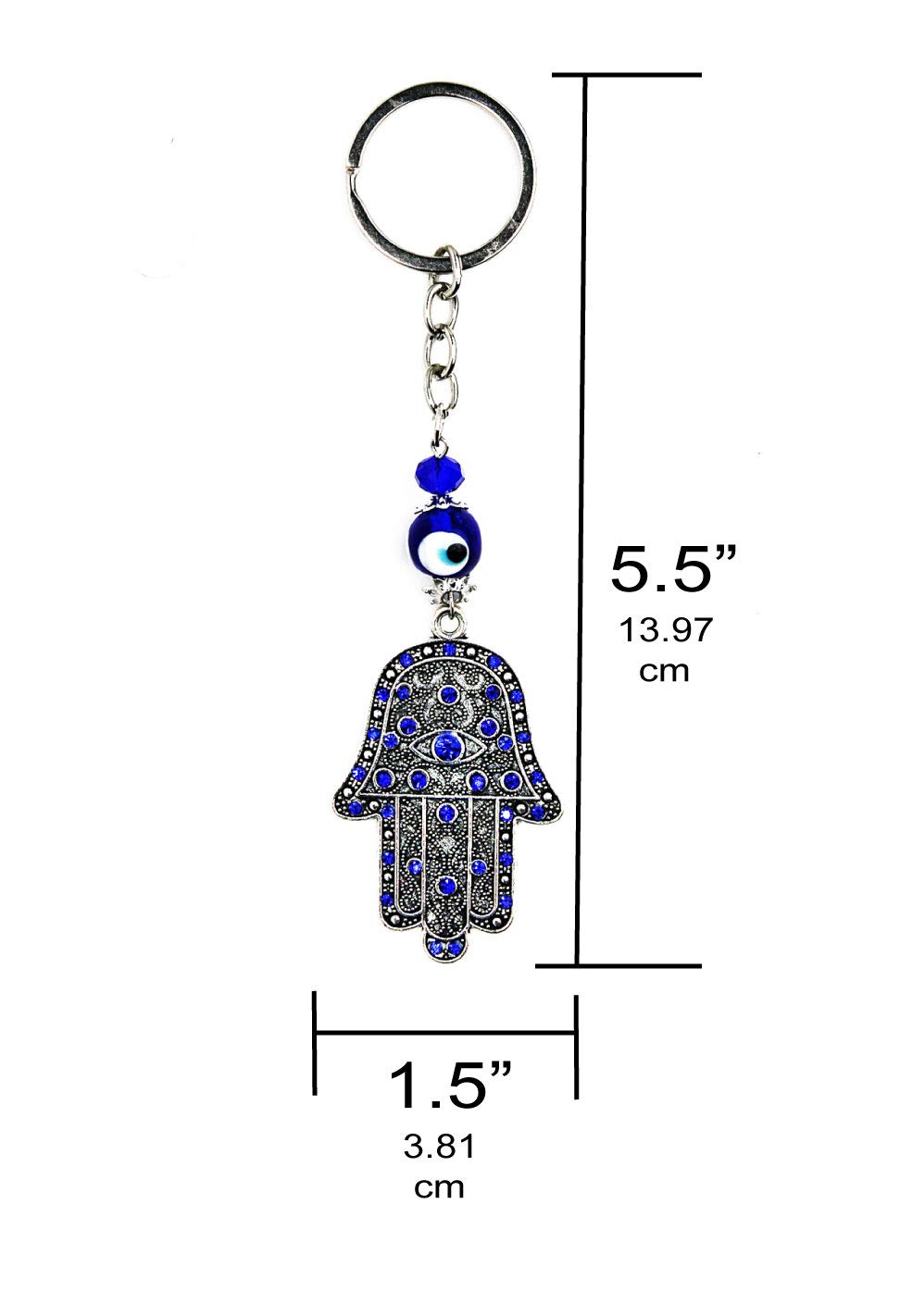 LUCKBOOSTIUM Hamsa Hand Charm with Blue Crystal & Evil Eye Protection - Good Luck Keychain for Home, Bags & Car Mirror - Spiritual Gift for Men & Women (1.5” x 5.5”) - Perfect for Travel, Office Decor & Positive Energy