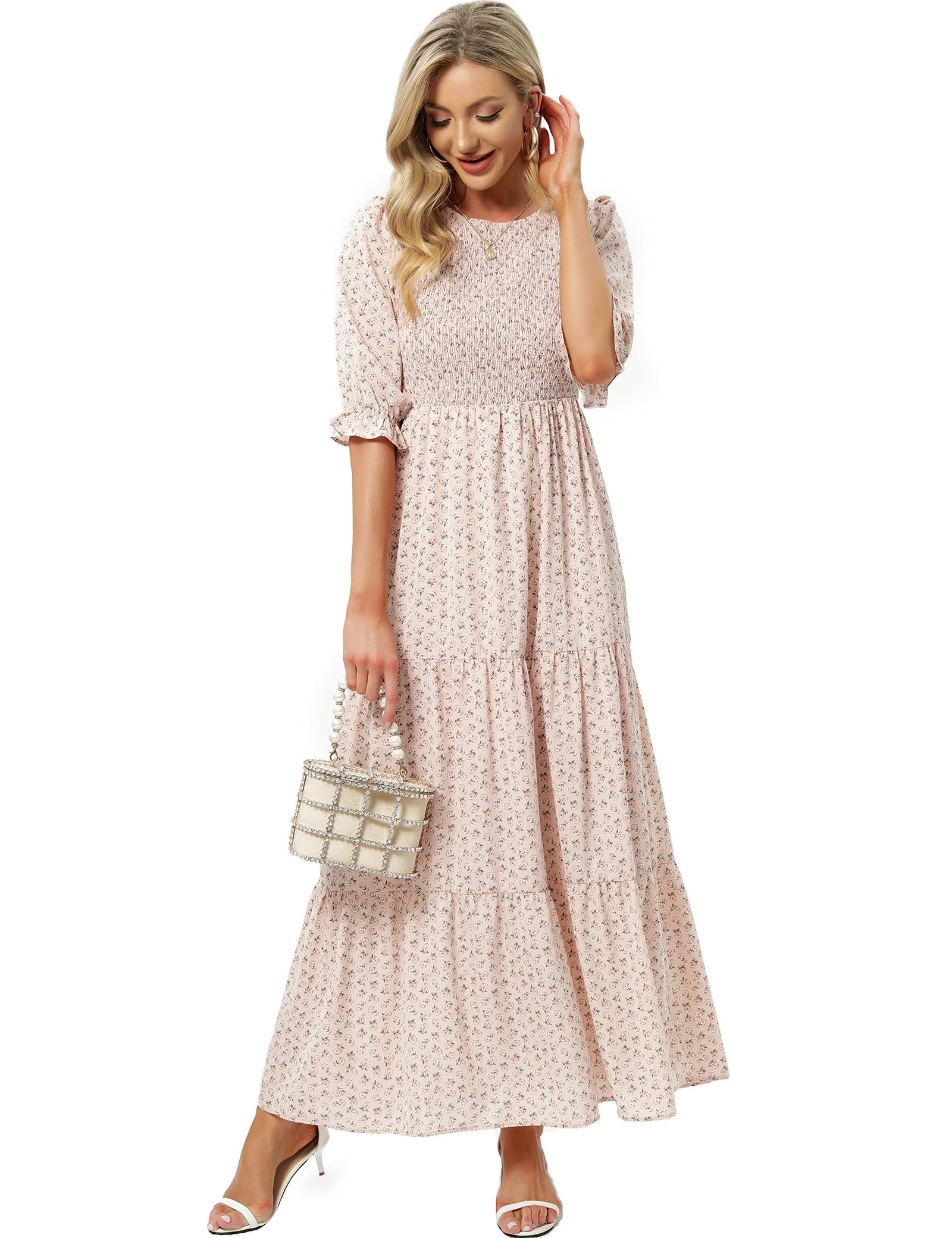Women's Summer Casual Half Sleeve Bohemian Floral Tiered Maxi Dress - Perfect for Beach Vacation, Music Festival & Boho Chic Outfits
