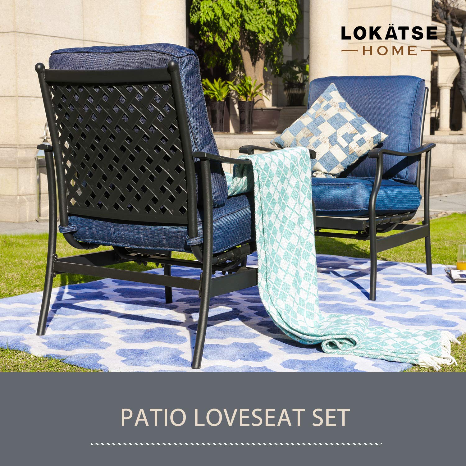 LOKATSE HOME 2-Piece Outdoor Patio Bistro Set - Wrought Iron Dining Chairs with Blue Cushions for Garden, Balcony & Backyard Relaxation