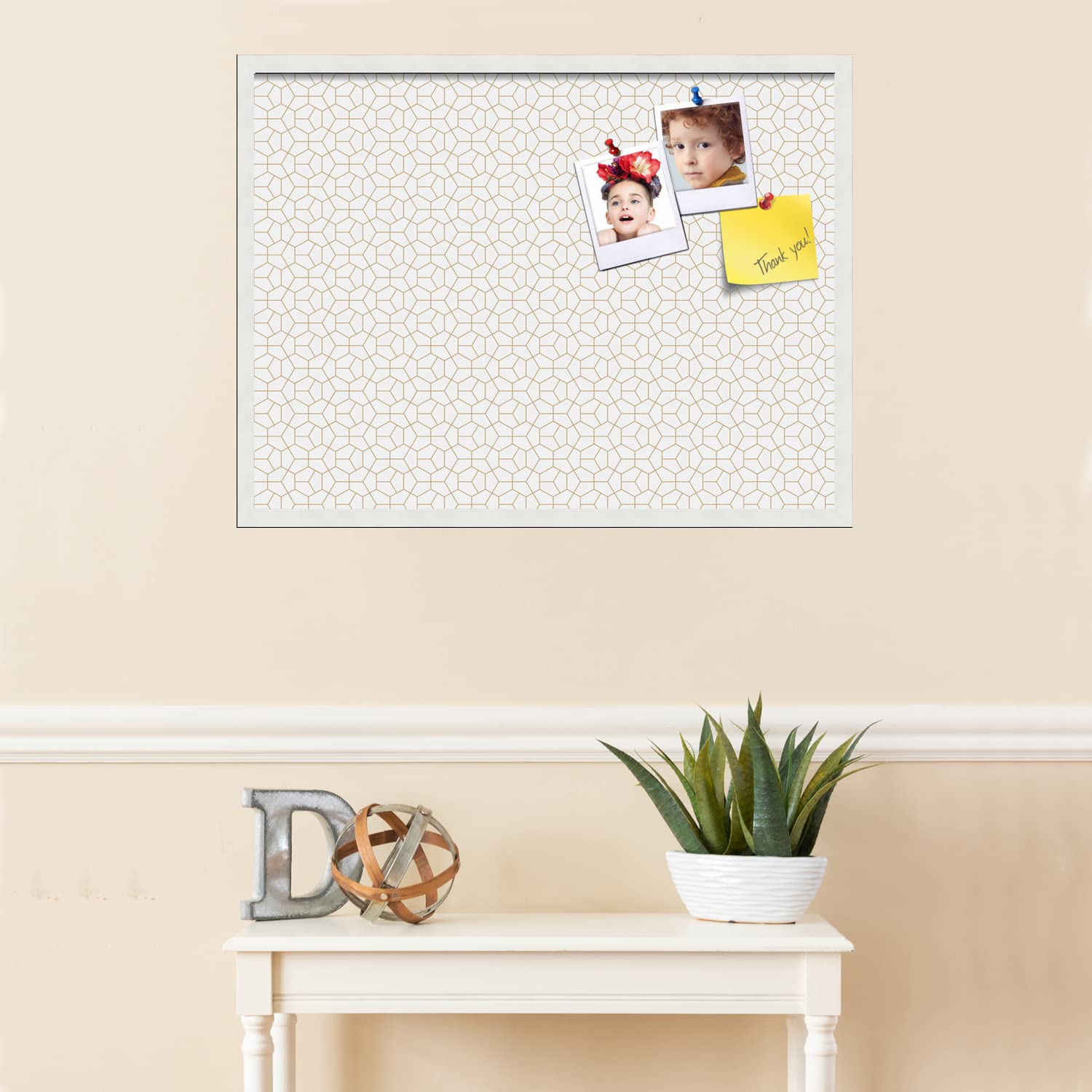 PinPix 32x24 Inch Cork Bulletin Board - Decorative Framed Pin Board with Modern Hex Gold Design & Satin White Frame - Perfect for Home Office Decor, School Classroom, Dorm Room Organization & Wall Memo Board (PinPix-1537)