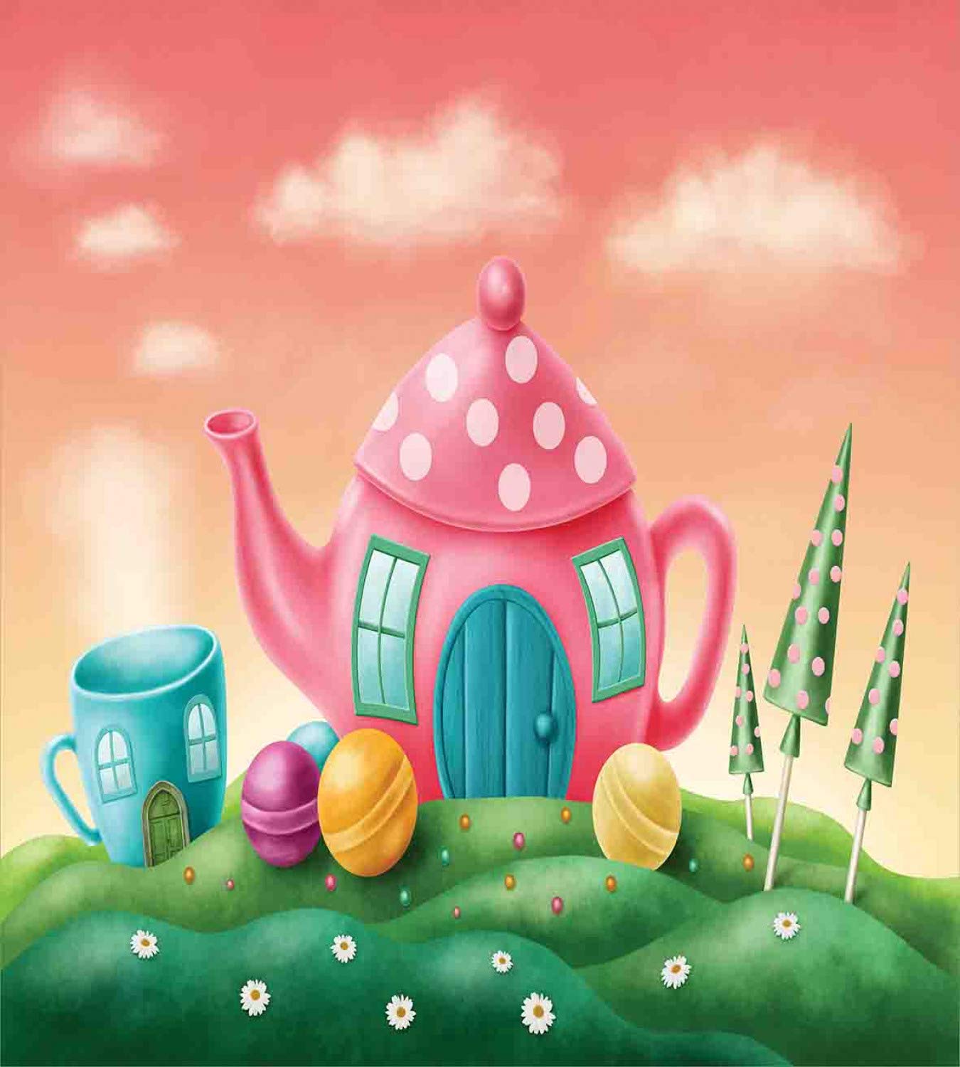 Ambesonne Fantasy Duvet Cover Set - Polka Dot Teapot & Coffee Cup Design with Lollipops, 2-Piece Twin Size Bedding with Pillow Sham in Fern Green & Coral | Whimsical Home Decor for Kids Room, Guest Bedroom & Fantasy Themed Spaces