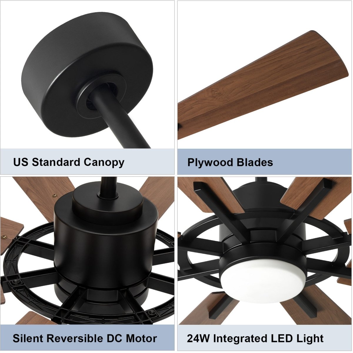 Depuley 60 Inch Large Ceiling Fan with Lights and Remote Control, 8 Plywood Blades, 5 Speed Reversible DC Motor - Perfect for Farmhouse, Living Room, Bedroom & Outdoor Patios (Black Brown/Walnut) - Energy Efficient Cooling for Year-Round Comfort