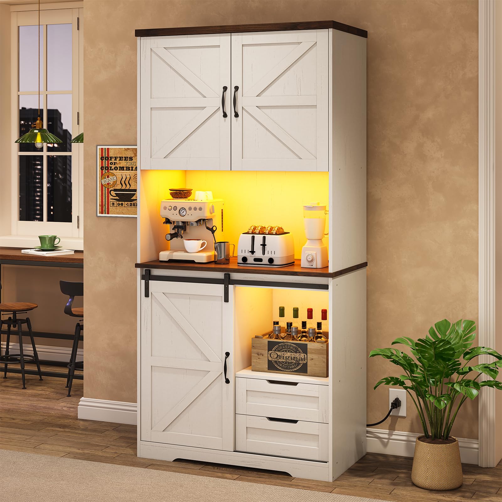 Farmhouse Style Kitchen Pantry Storage Cabinet with Drawers & Adjustable Shelves - Freestanding Hutch Organizer for Kitchen, Dining Room & Living Room - Vintage White Finish | Perfect for Small Space Organization & Home Decor