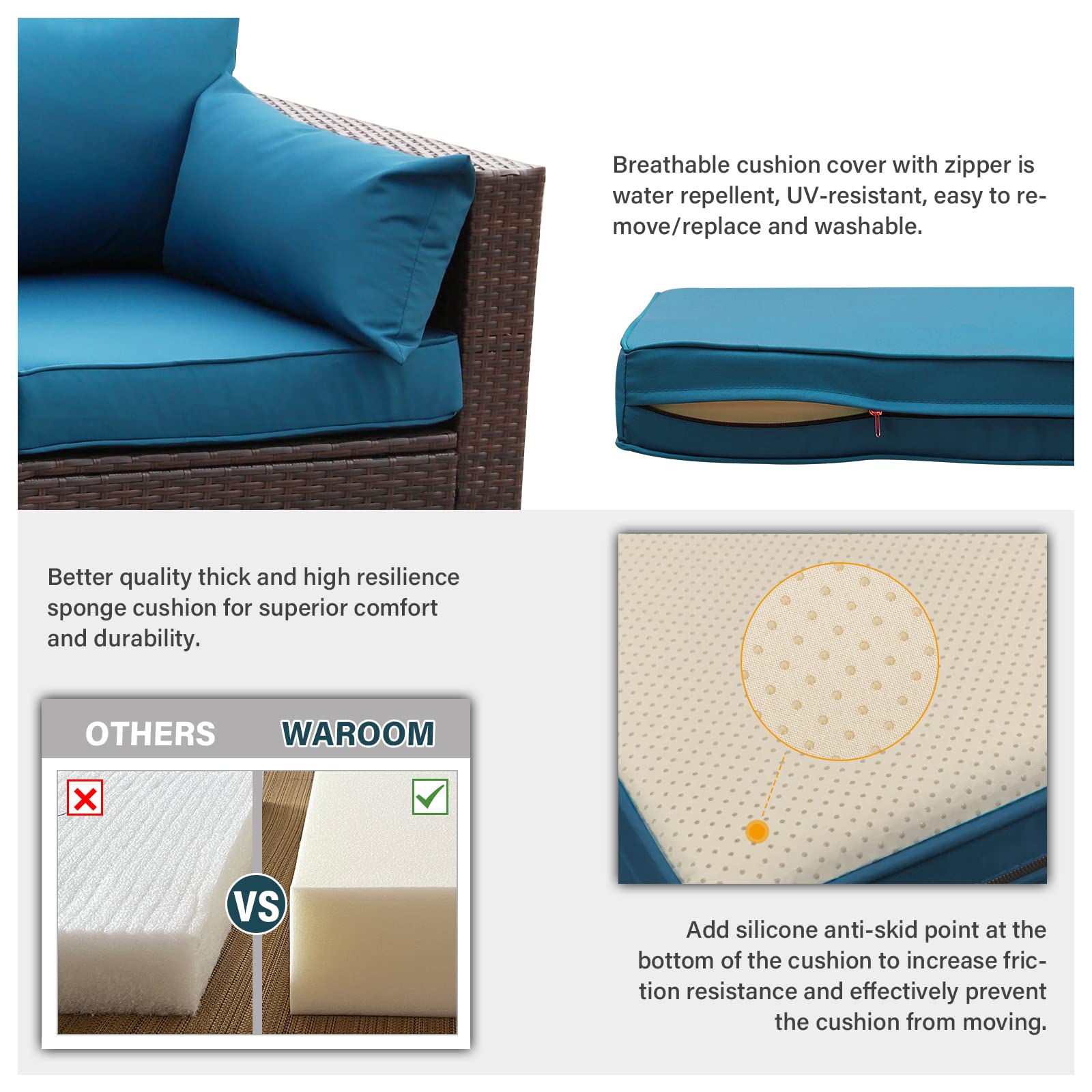 WAROOM 3-Seat Outdoor Patio Sofa Set - PE Wicker Rattan Deep Seating Furniture with Non-Slip Peacock Blue Cushions, Brown - Perfect for Garden, Poolside & Backyard Relaxation