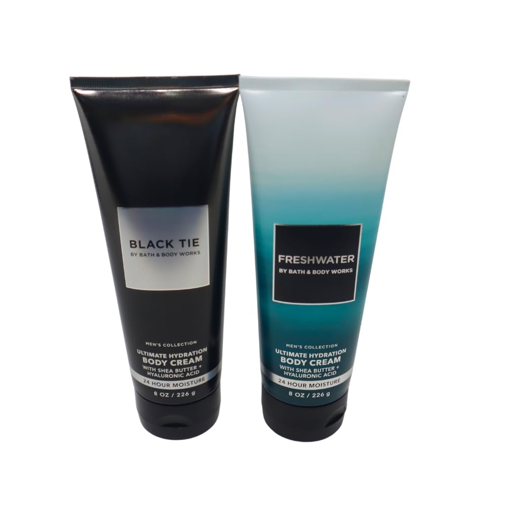 Bath & Body Works Men's Black Tie & Freshwater Hydrating Body Cream Gift Set - 2 x 8 oz Moisturizing Lotions with Blue Bow | Perfect for Holidays, Birthdays & Self-Care Routines