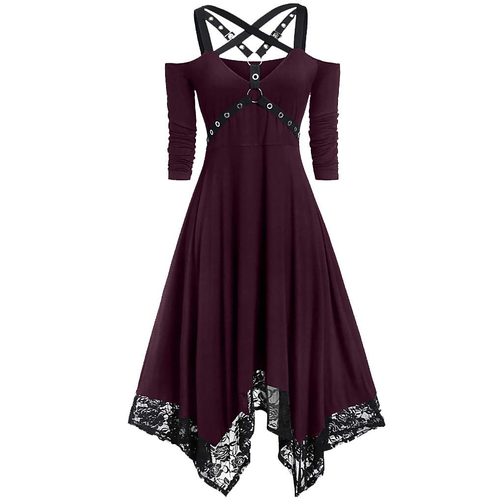 Gothic Black Lace Off Shoulder Midi Dress for Women - Vintage Punk Spaghetti Strap Crossover Casual Dress | Perfect for Parties, Concerts, and Gothic Fashion Events