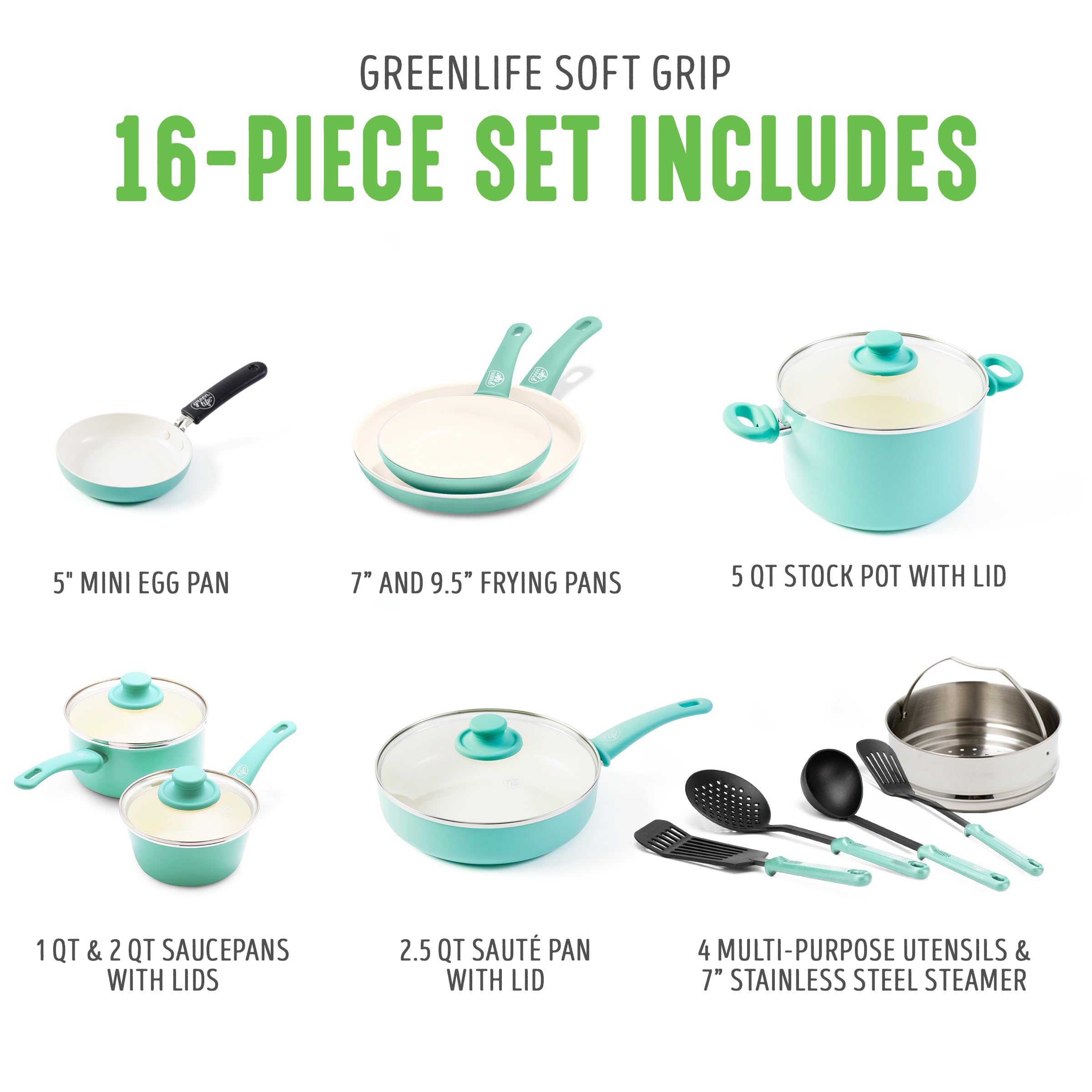 GreenLife Soft Grip 16-Piece Non-Toxic Ceramic Nonstick Cookware Set - PFAS-Free Pots, Pans, Frying & Saute Pans with Glass Lids - Stay-Cool Handles, Wobble-Free Bases - Dishwasher & Oven Safe - Turquoise - Perfect for Healthy Cooking, Family Meals & Everyday Kitchen Use