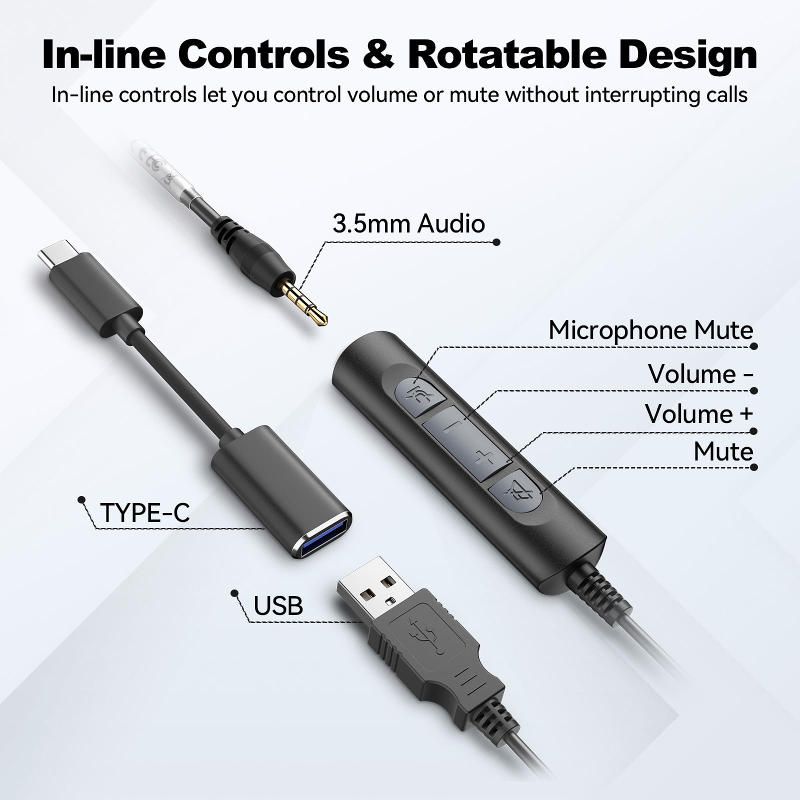 Premium Noise Cancelling USB Headset with Microphone - 3.5mm/USB Type-C/3-in-1 Wired Over-Ear Headphones for PC, Laptop, Call Center, Office, Skype, Zoom, Online Chat & Gaming - Adjustable Comfort Design