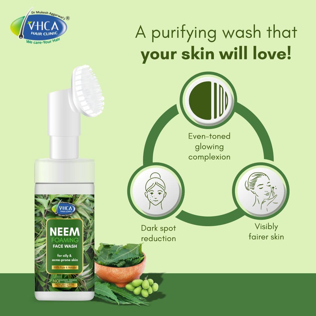 VHCA Neem Foaming Face Wash for Oily & Acne-Prone Skin | Paraben, Sulfate & Silicone Free | Gentle Cleanser for Men & Women | 100ml | Perfect for Daily Skincare Routine & Travel