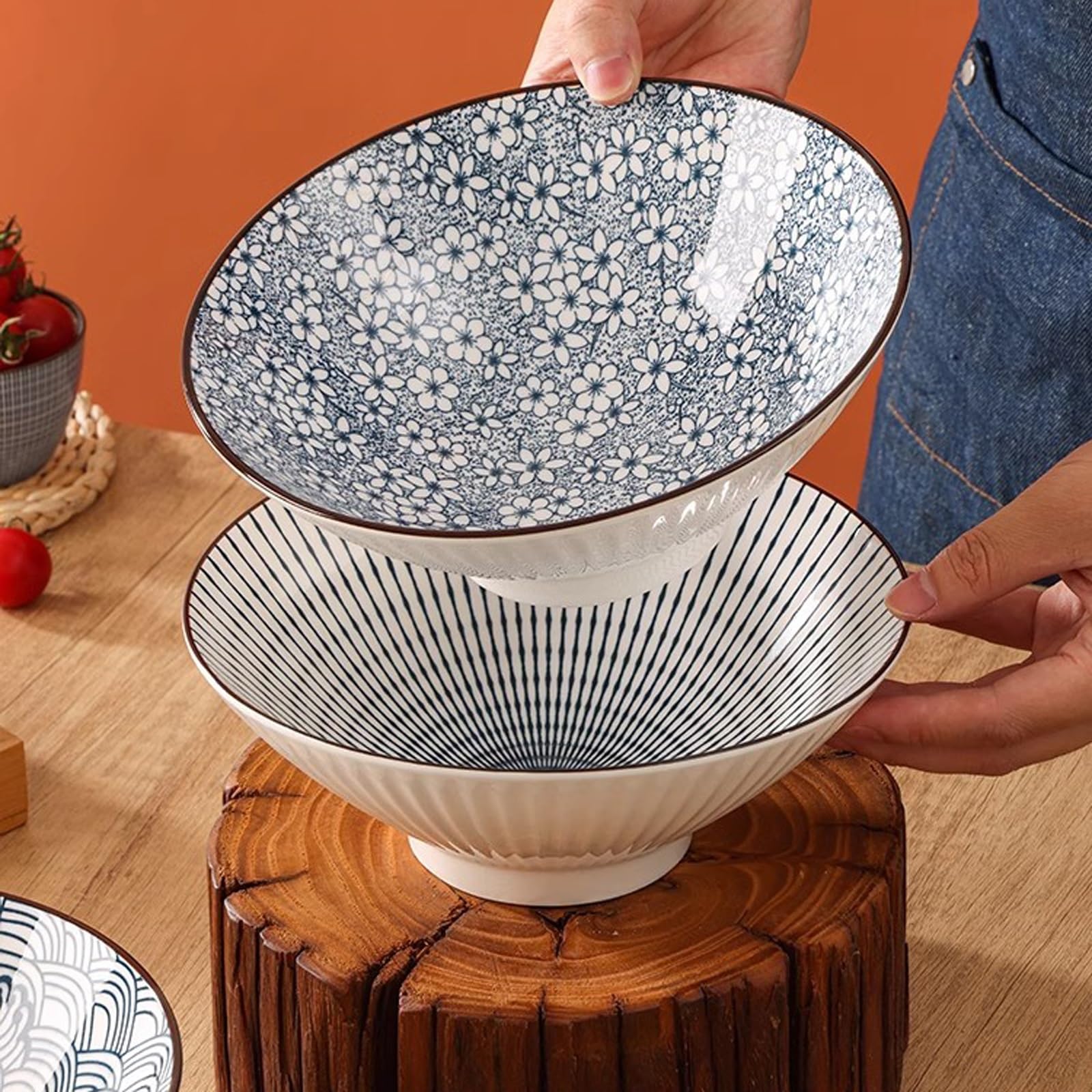 8 Inch Ceramic Salad Bowls Set - Large Trumpet Hat Bowls for Noodles, Soup & Kitchen Tableware | Heat-Resistant, Durable & Stylish for Home, Restaurant & Daily Use