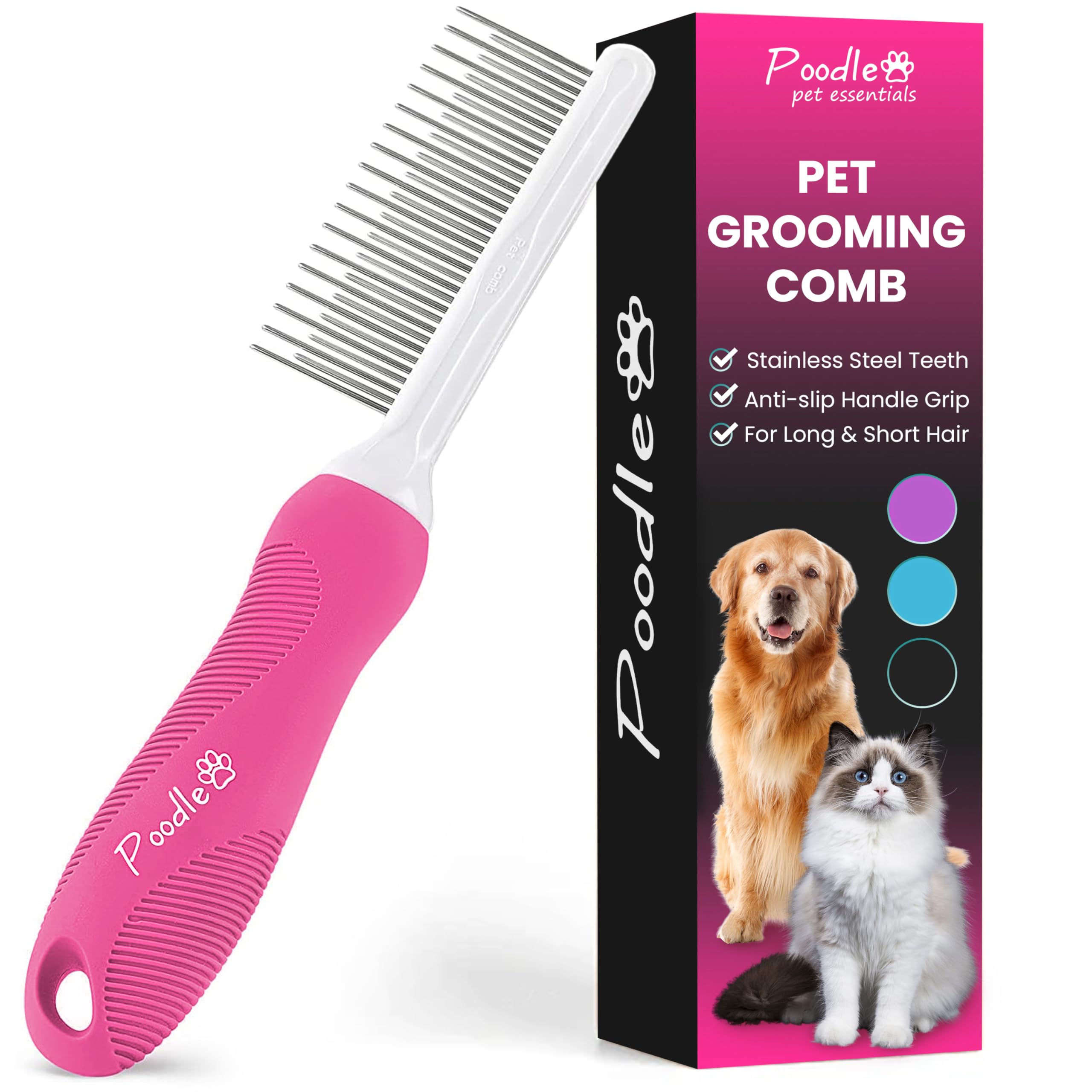 Premium Poodle Pet Comb with Stainless Steel Teeth - Detangling Brush for Dogs & Cats to Remove Matted Fur, Knots & Tangles - Safe & Gentle Grooming Tool for DIY Pet Care (Pink) - Perfect for Daily Brushing & Professional Grooming Sessions