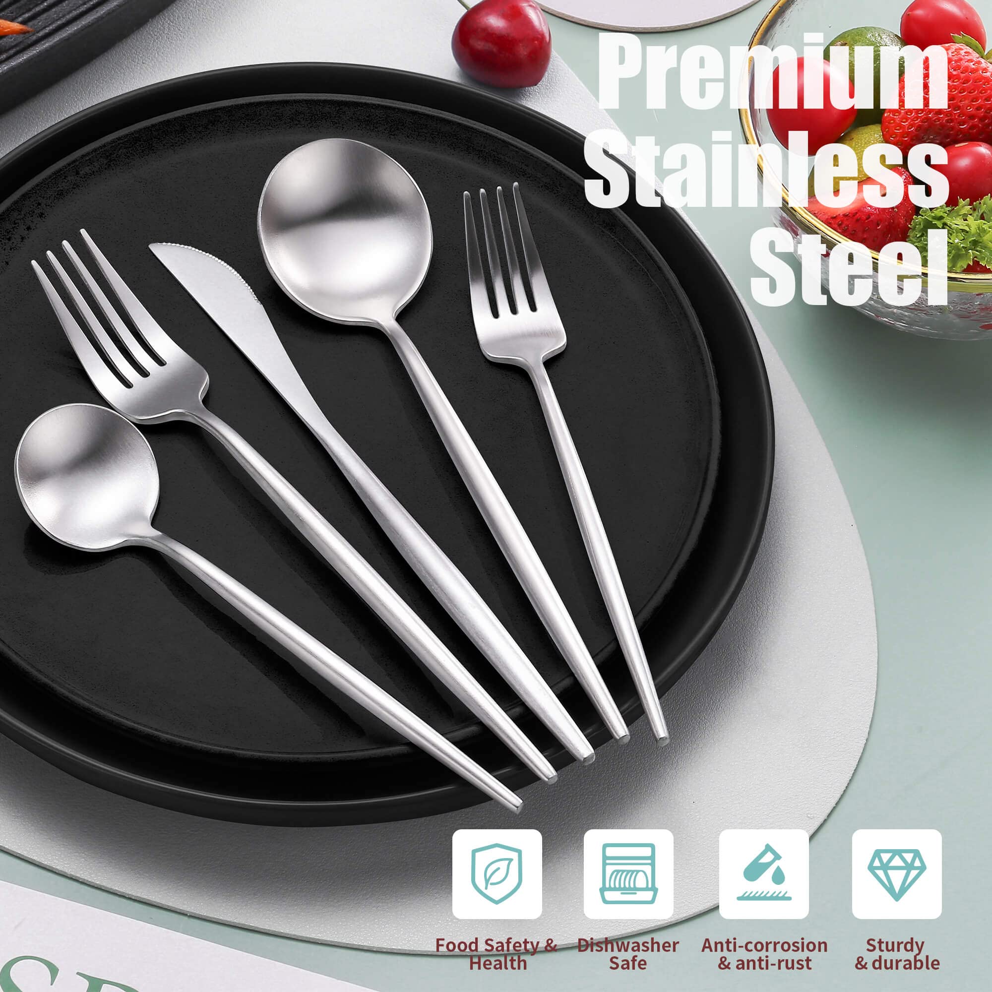 20-Piece Matte Silverware Set for 4 - Modern Stainless Steel Brushed Flatware Set with Knives, Spoons & Forks - Rustic Cutlery Set in Satin Finish - Dishwasher Safe - Perfect for Dinner Parties, Restaurants & Everyday Dining