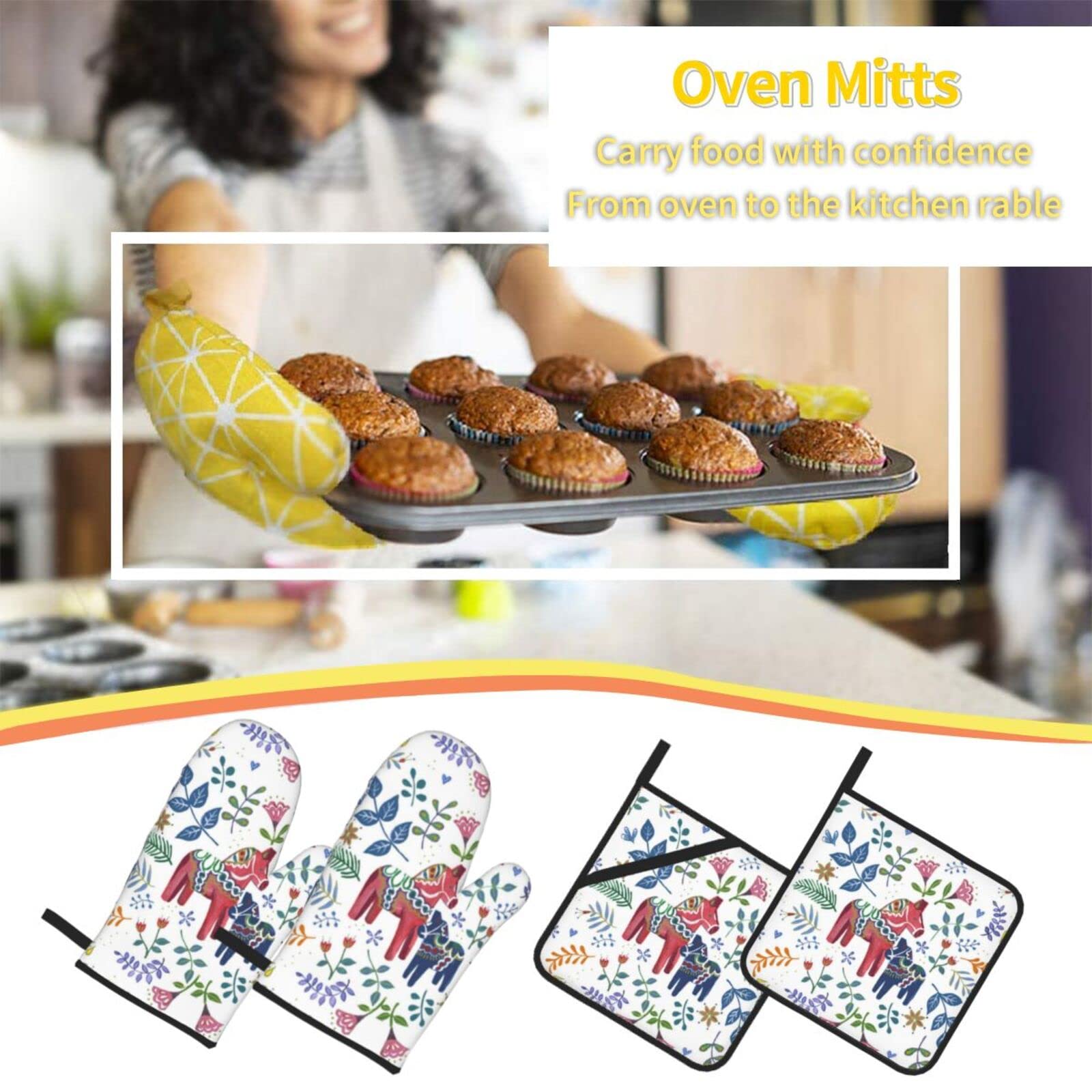 Floral Swedish Dala Horse Oven Mitts & Pot Holders Set - Heat Resistant Kitchen Gloves for Cooking, Baking, Grilling & BBQ - Perfect for Swedish-Themed Kitchens & Home Decor