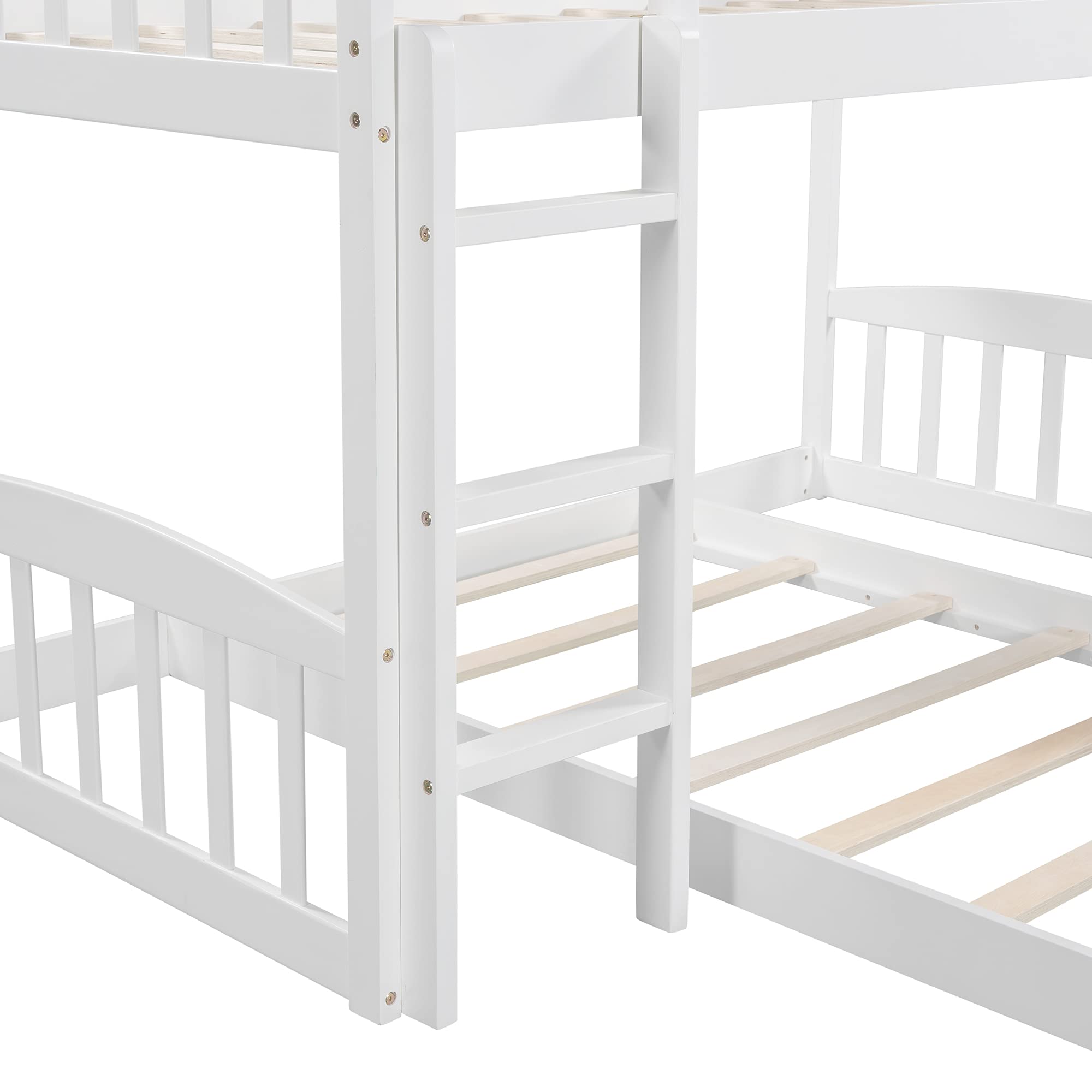 Knocbel Twin Size Low Loft Bed with Floor Platform - White Wooden Bunk Bed with Guardrails, Reversible Slide & Ladder (77.4