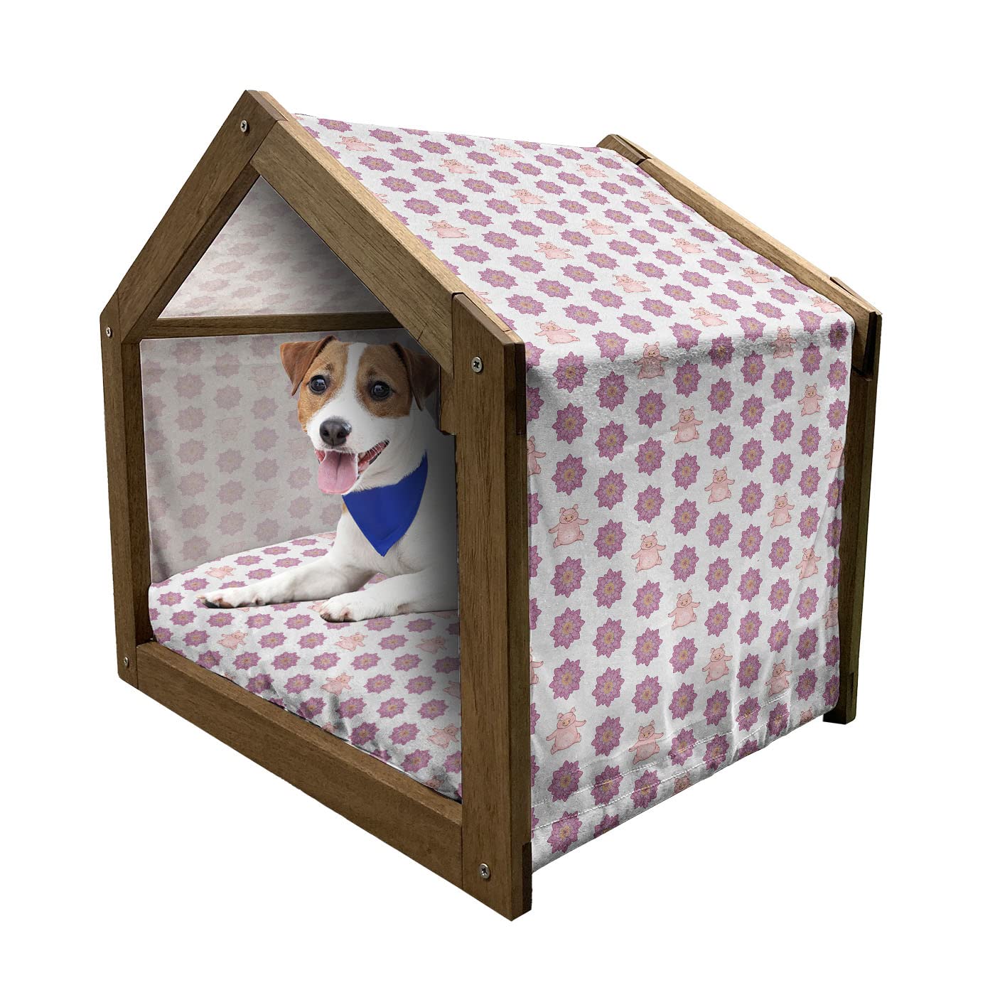 Lunarable Wooden Pet House for Dogs - Pig Design with Yoga Meditating & Colorful Lotus Flowers Print, Indoor & Outdoor Portable Dog Kennel with Pillow & Cover, Medium Size in Pale Blue & Pink - Perfect for Home, Yard, or Travel Use