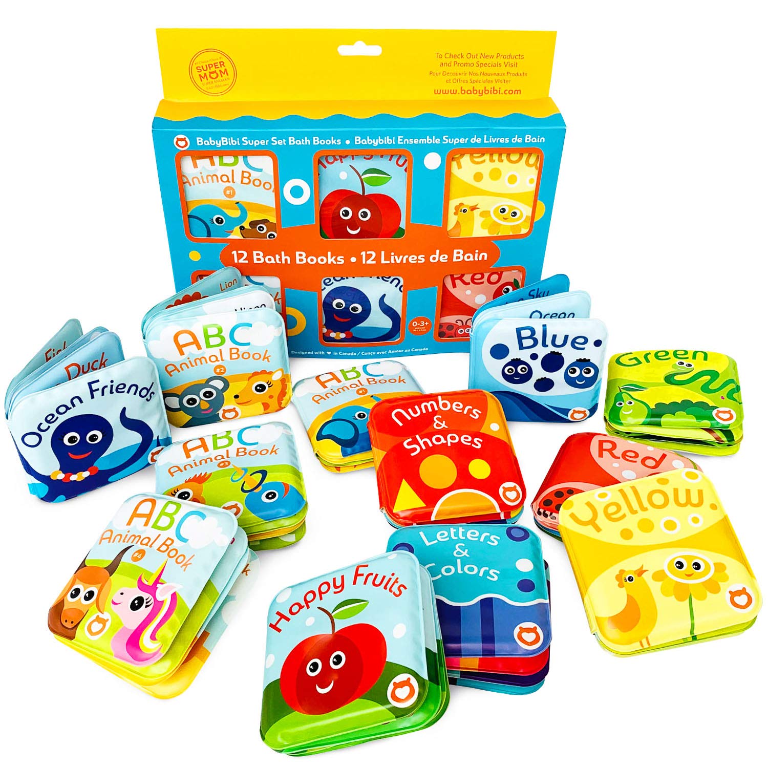 12-Piece Super Bath Book Set for Toddlers - Fruits, Ocean Friends, ABC, Numbers & Color Recognition (Yellow, Green, Red, Blue) - Waterproof Educational Bath Toys for Baby Learning & Playtime Fun