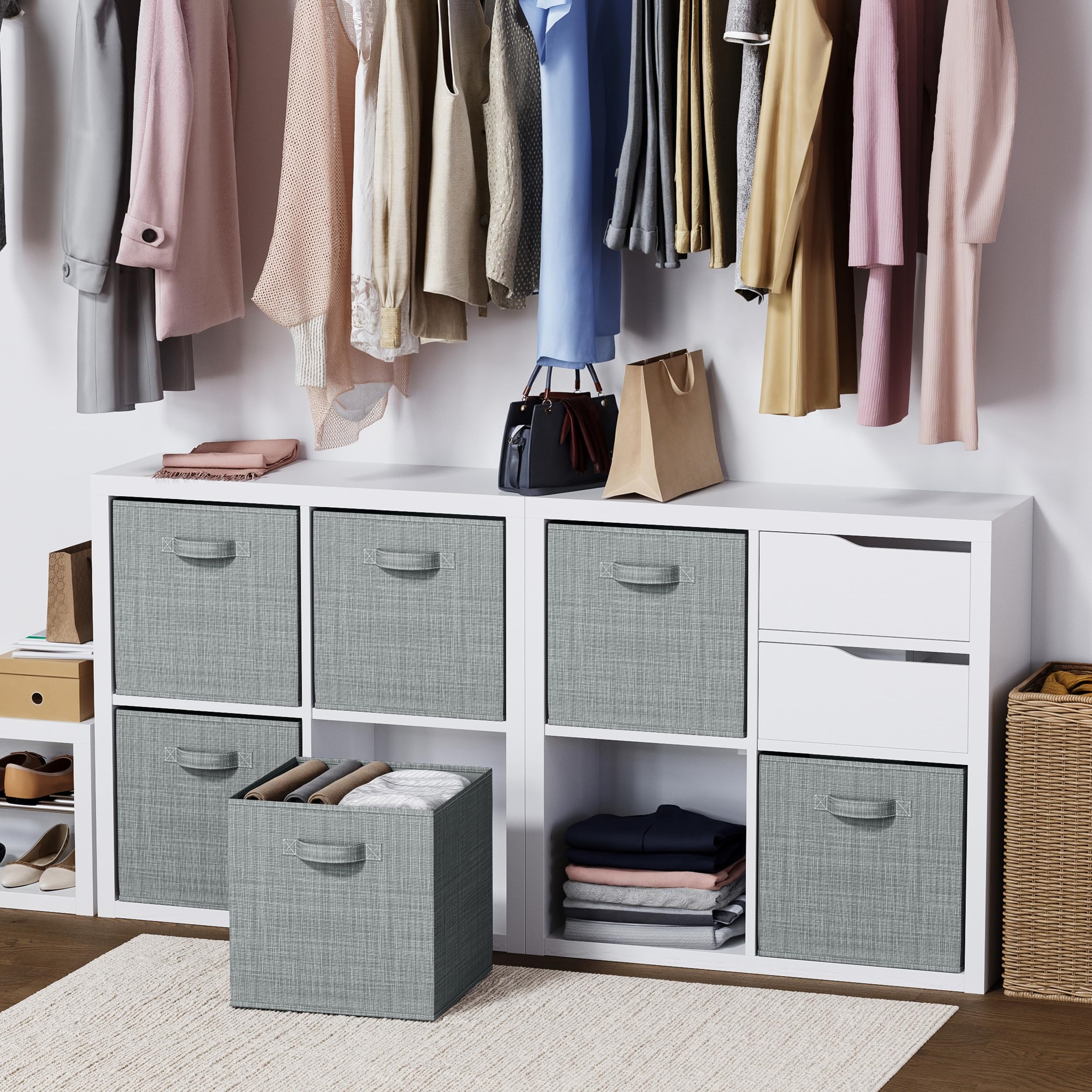 Heavy Duty Fabric Storage Cubes 6-Pack - 13 Inch Cube Organizer Bins, Textured Light Grey Shelving Baskets for Clothes, Toys & Home Organization - Perfect for Closets, Shelves, Cubbies & Nursery Storage