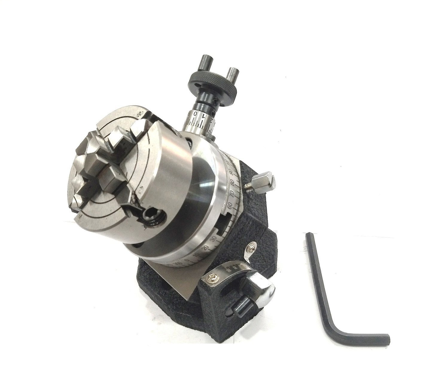 Precision 3-Inch (80mm) Tilting Rotary Table with Round Vice, ER16 Collet Adaptor, Tailstock & Chuck w/Back Plate + Fixing T-Nut Bolts - Milling & Indexing Tools (Includes 70mm 4-Jaw Independent Chuck) - Perfect for CNC Machining, Metalworking, and DIY Projects