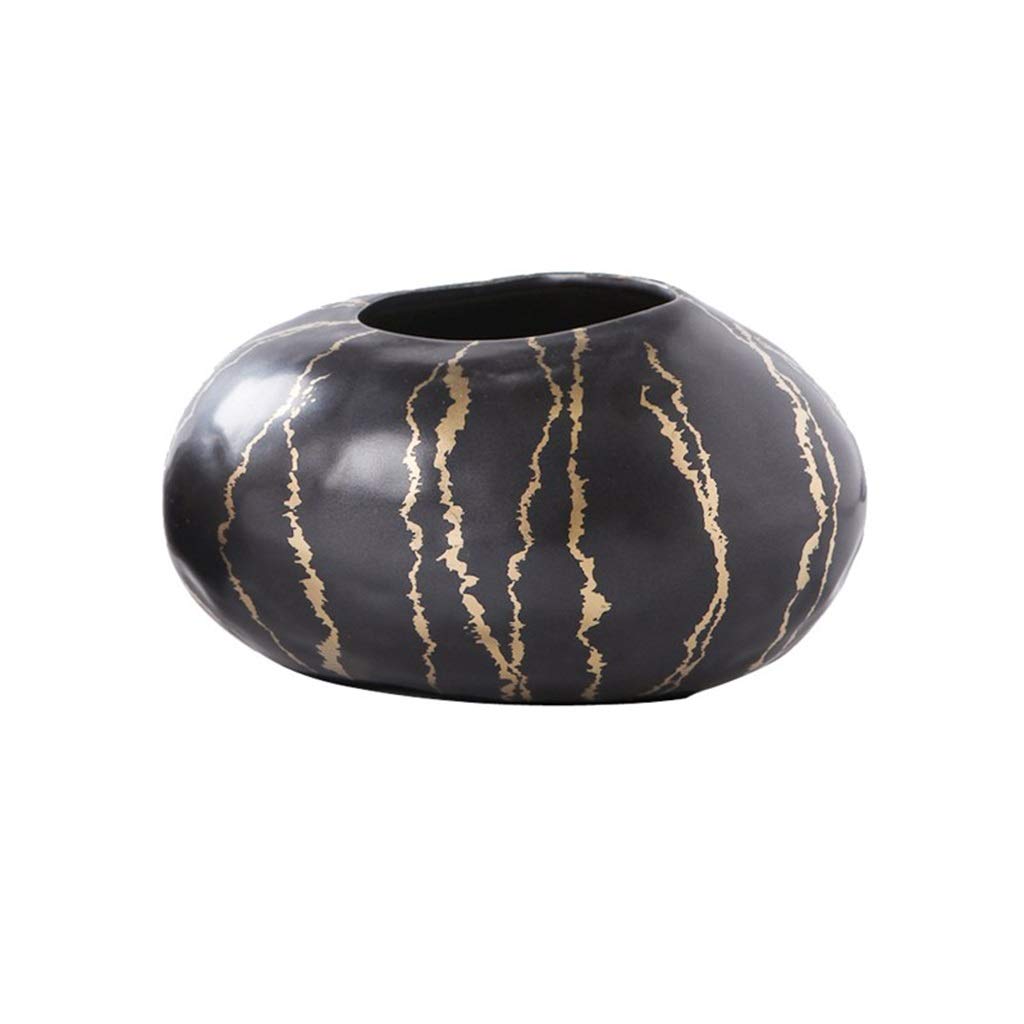 Irregular Ceramic Vase with Golden Decoration - Modern Round Mouth Flower Vase for Home Décor, Office Desk & Wedding Centerpieces (Black, 22x22x12cm) | Handmade Pottery Vase for Floral Arrangements & Interior Design