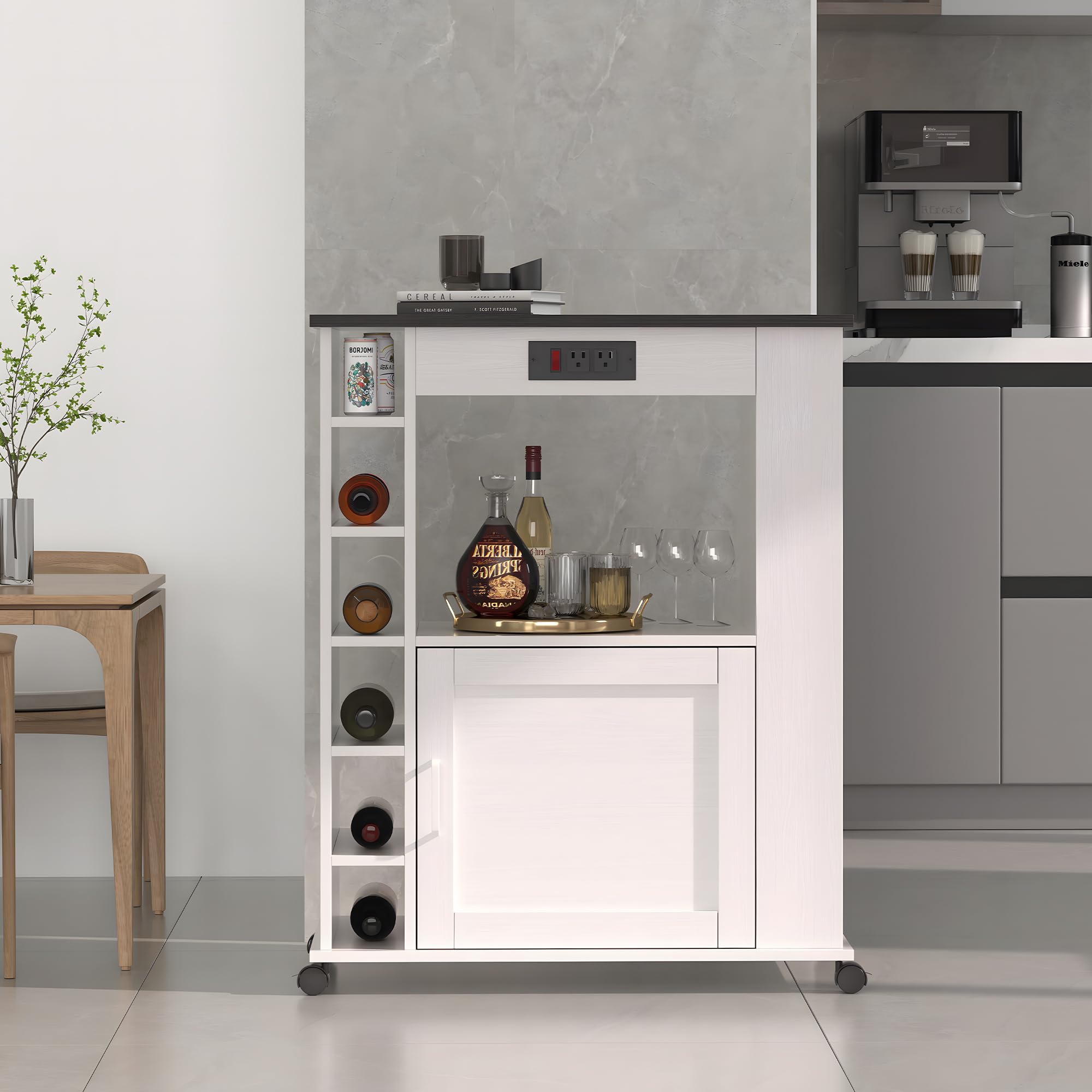 VECELO White Rolling Kitchen Island Cart with Large Storage, Microwave Stand, Open Shelves & Wine Rack - Mobile Bar Cabinet with Power Outlet for Dining Room, Living Room, Kitchen & Home Entertaining