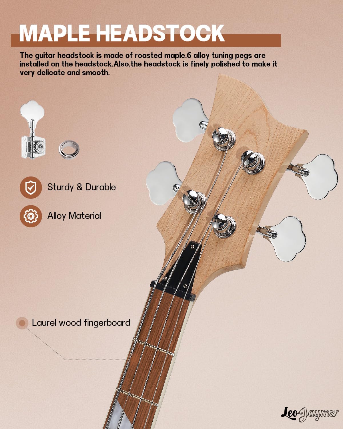 Leo Jaymz DIY Electric Bass Guitar Kit - Roasted Ash Body, Maple Neck & Laurel Fingerboard - All Parts Included - Perfect for Beginners, Home Studio & DIY Music Projects