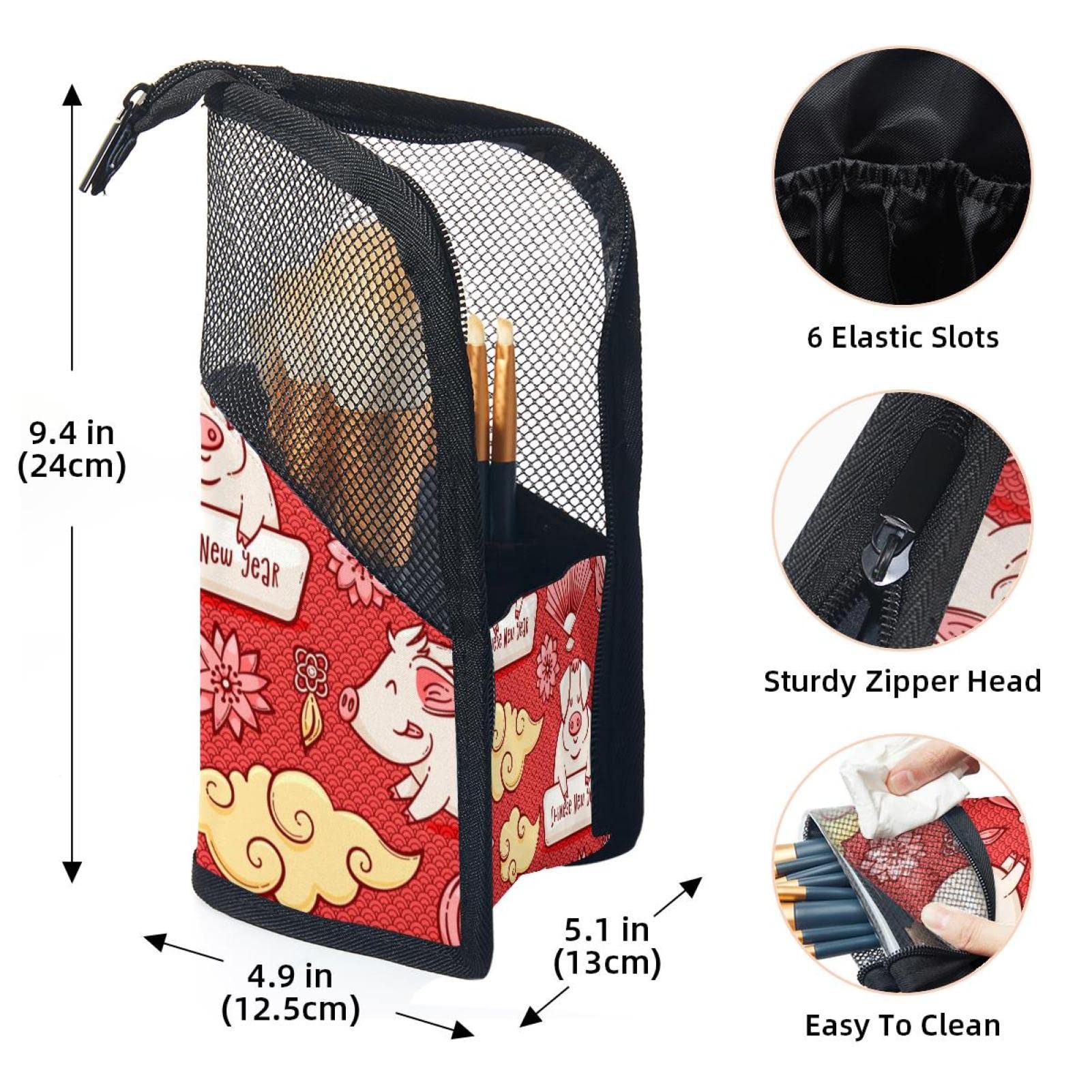 12-Piece Makeup Brush Organizer Bag with Pig Chinese New Year Design - Portable Cosmetic Brush Holder Case for Travel, Home & Professional Makeup Artists