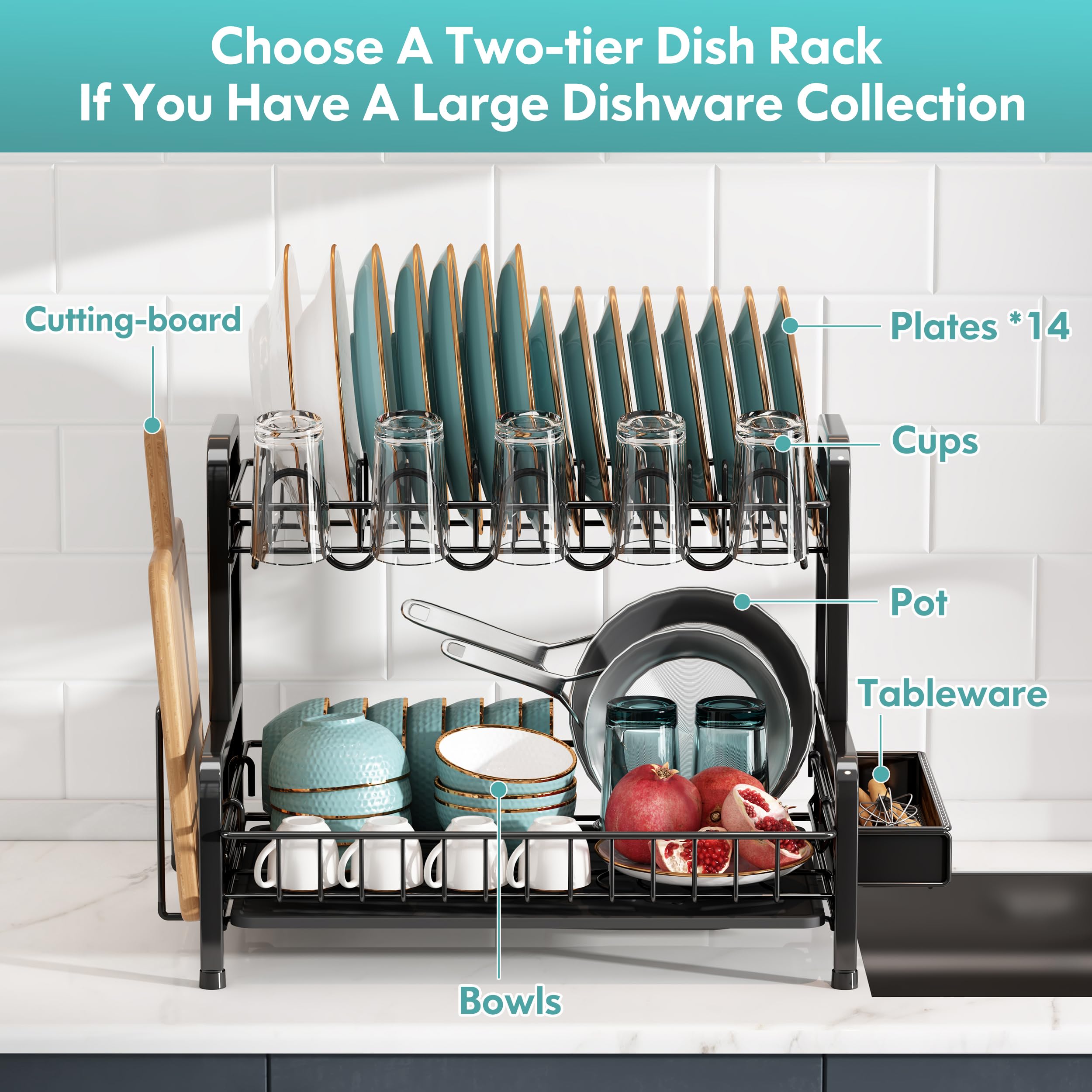 BOOSINY 2-Tier Stainless Steel Dish Drying Rack & Drainboard Set - Large Kitchen Counter Organizer with Cup Holder, Utensil Holder & Dish Strainer Shelf (Black) | Perfect for Small Kitchens, Apartments & RV Use