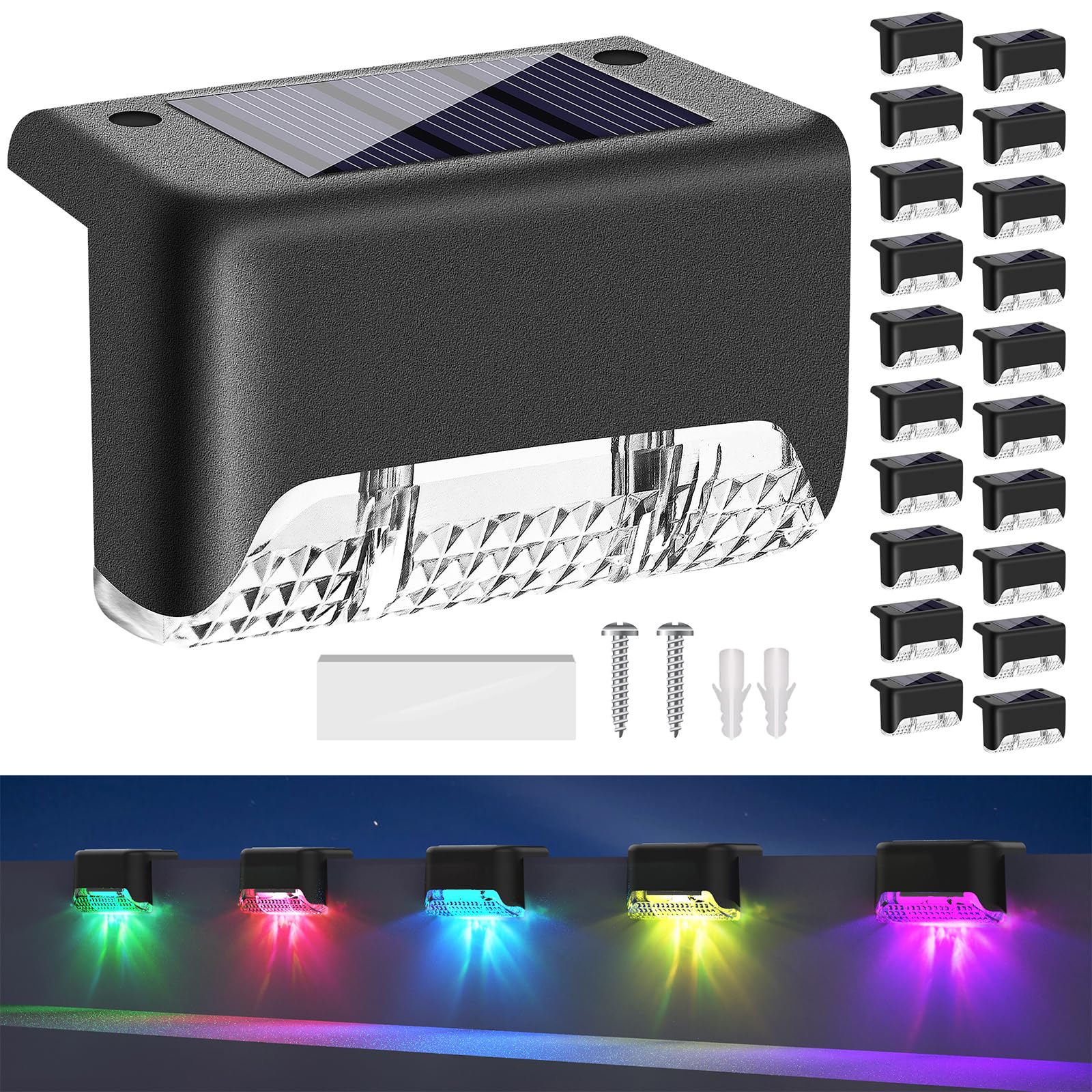 20 Pack Solar Deck Lights Outdoor Waterproof - RGB Color Changing LED Step Lights for Deck, Stairs, Patio, Fence & Garden | Solar Powered & Weather Resistant | Perfect for Nighttime Safety & Ambiance
