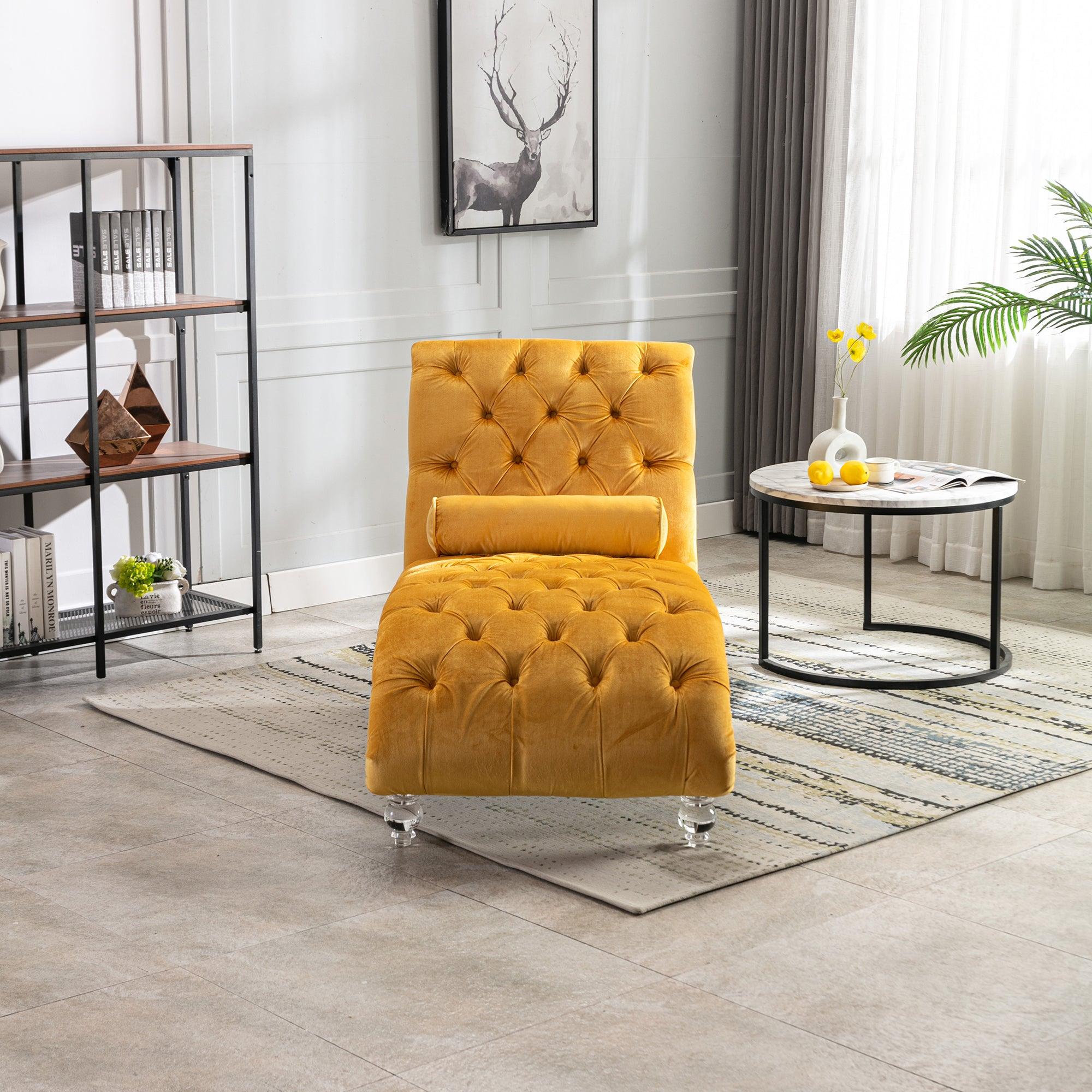 COOMORE Velvet Chaise Lounge Chair - Button Tufted Upholstered Sofa with Pillow, Mustard Velvet for Bedroom, Living Room & Office | Perfect for Reading Nook, Lounge Area & Home Decor