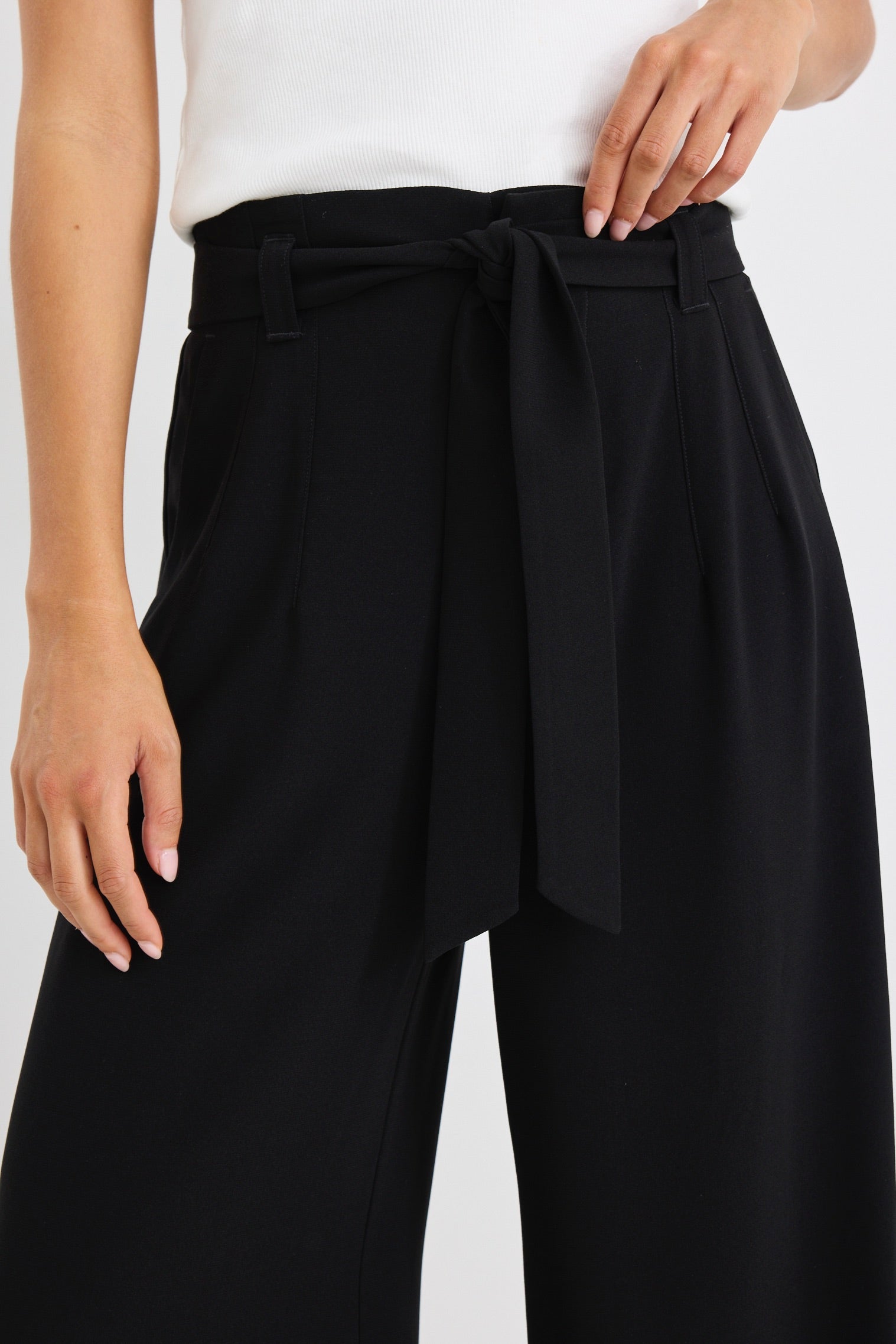 Sydney Black Crepe Wide Leg Tie Belt Pants for Women - Elegant High Waisted Palazzo Trousers for Office, Party & Special Occasions