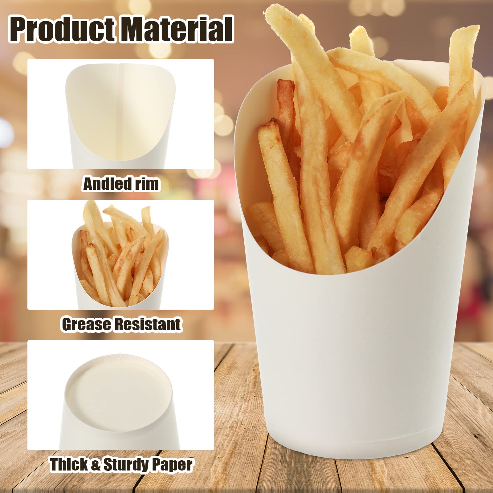 Disposable French Fries Holder 14 oz - 100 Pack White Kraft Paper Cones for Takeout, Parties, Weddings - Perfect for Ice Cream, Popcorn, Waffles & Finger Foods - Eco-Friendly Baking & Catering Supplies