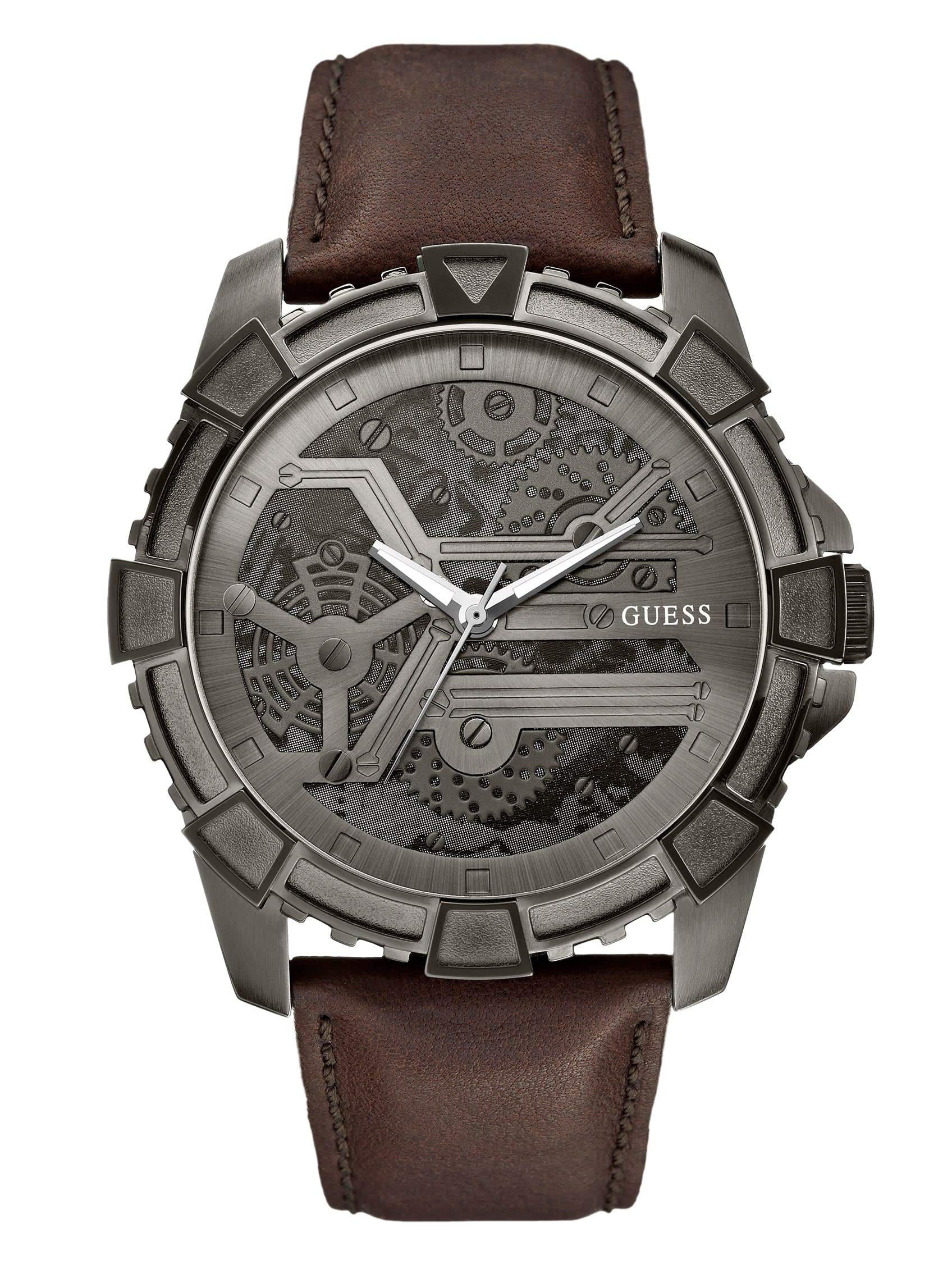 GUESS Factory Men's Brown Leather Strap Analog Watch - Casual & Dress Style for Everyday Wear, Business, and Special Occasions
