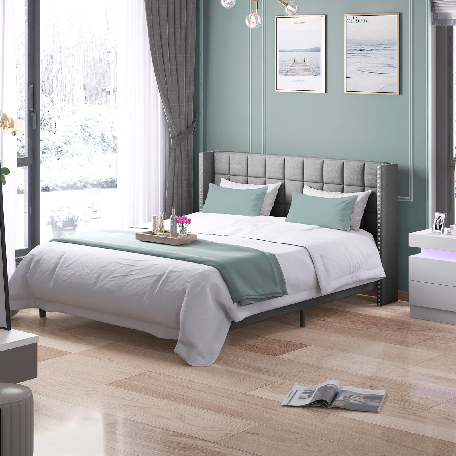 Mjkone King Size Upholstered Platform Bed Frame with Wingback Headboard - Modern Low Profile Wood Slat Support, No Box Spring Needed, Easy Assembly (Dark Grey) - Perfect for Master Bedrooms, Guest Rooms & Modern Home Decor