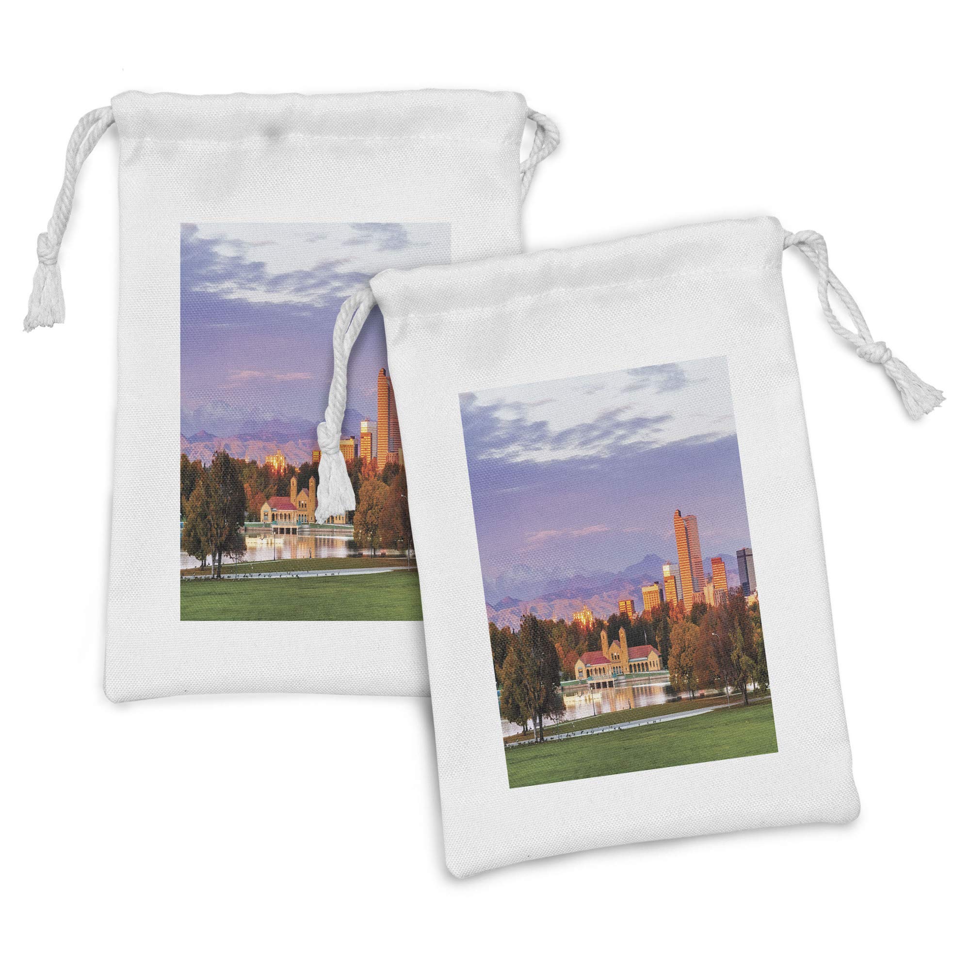 Ambesonne Denver Fabric Pouch Set of 2 - City Park Boathouse & Rocky Mountains Print Drawstring Bags (9