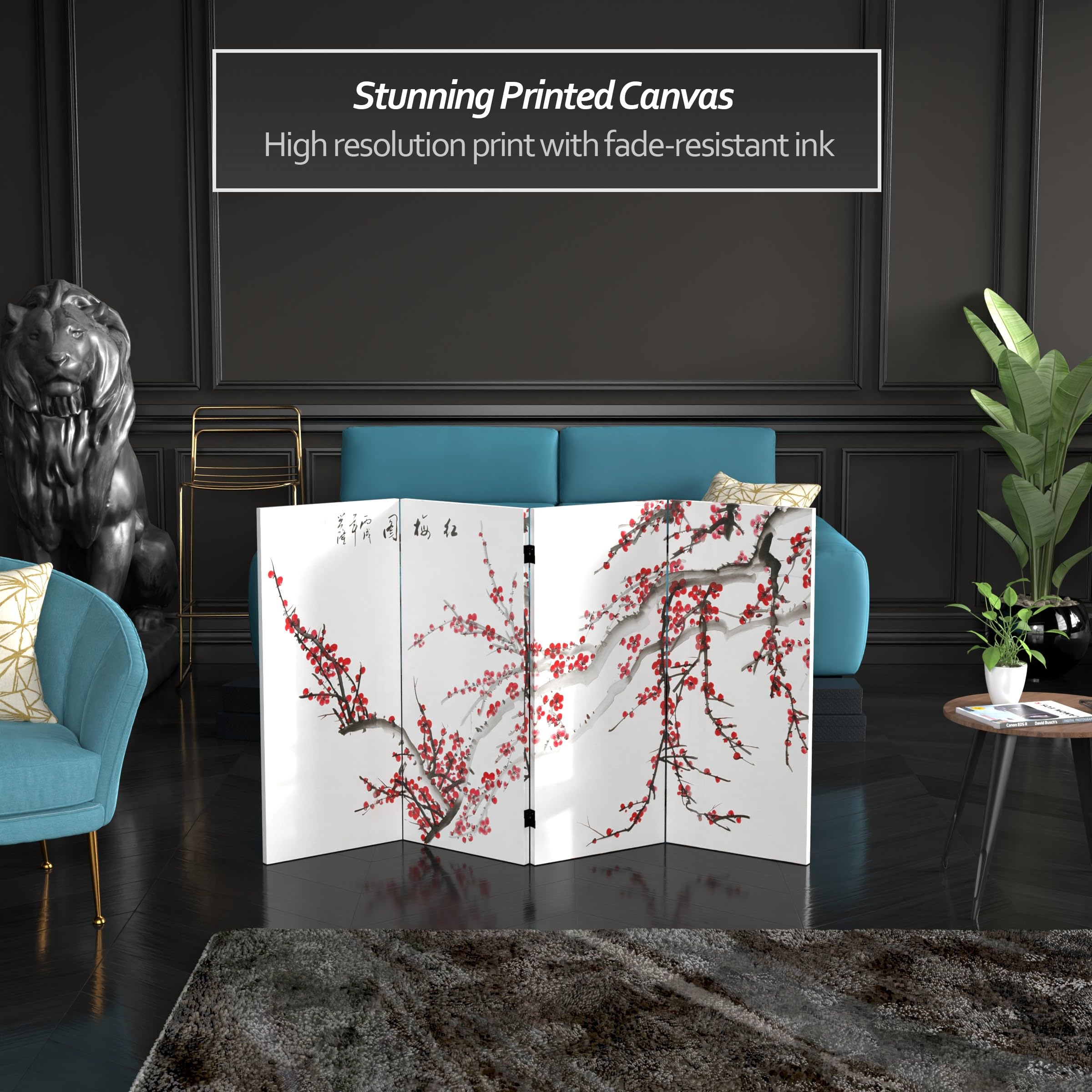 3 ft Red Lantern Double-Sided Plum Blossom Canvas Room Divider - Traditional Chinese Decorative Screen for Home, Office & Wedding Decor