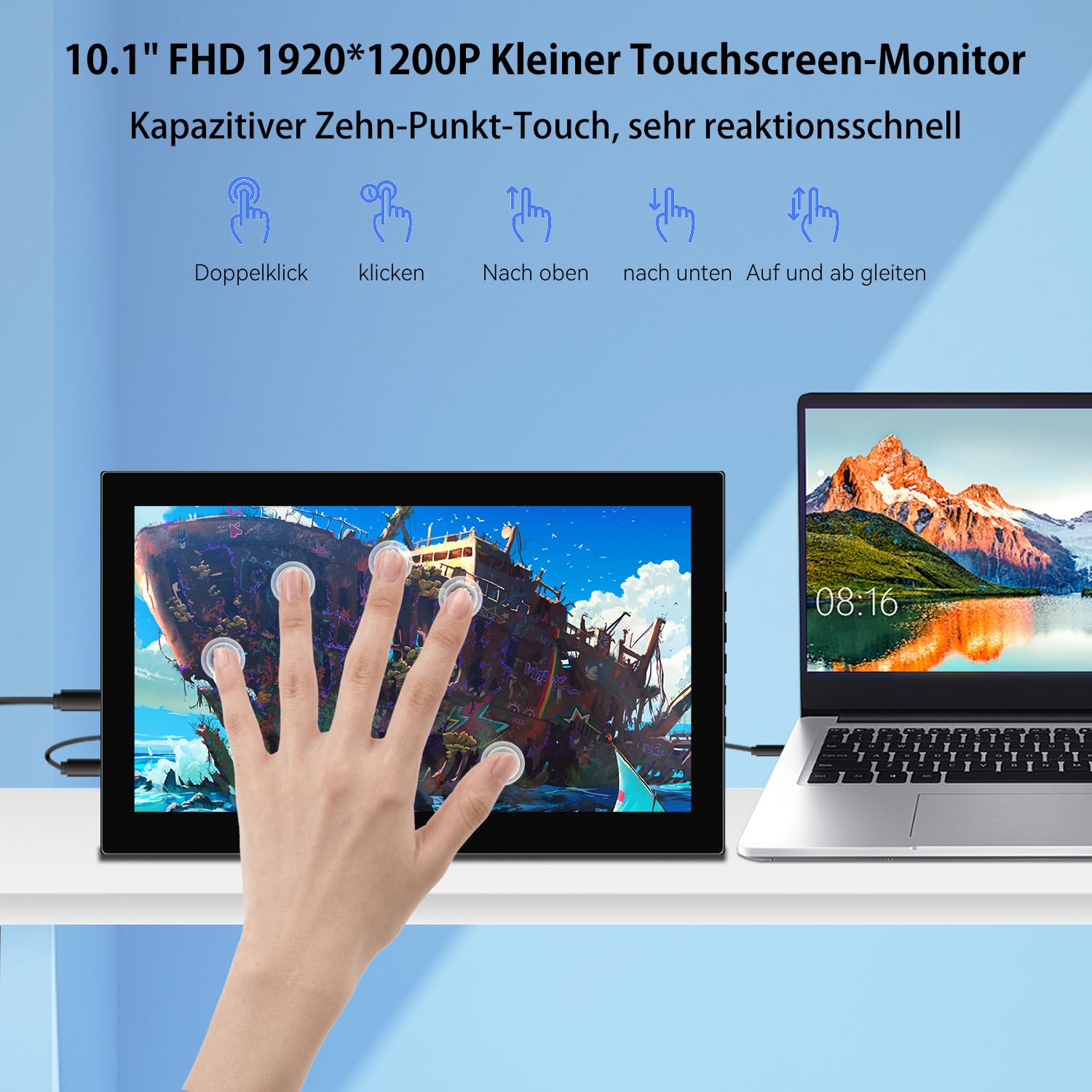 10.1 Inch Portable Touchscreen Monitor - Full HD 1920x1200 IPS Display with HDMI & USB-C - External Second Screen for Laptop, PC, PS4, PS5, Xbox - Perfect for Gaming, Office Work and Travel
