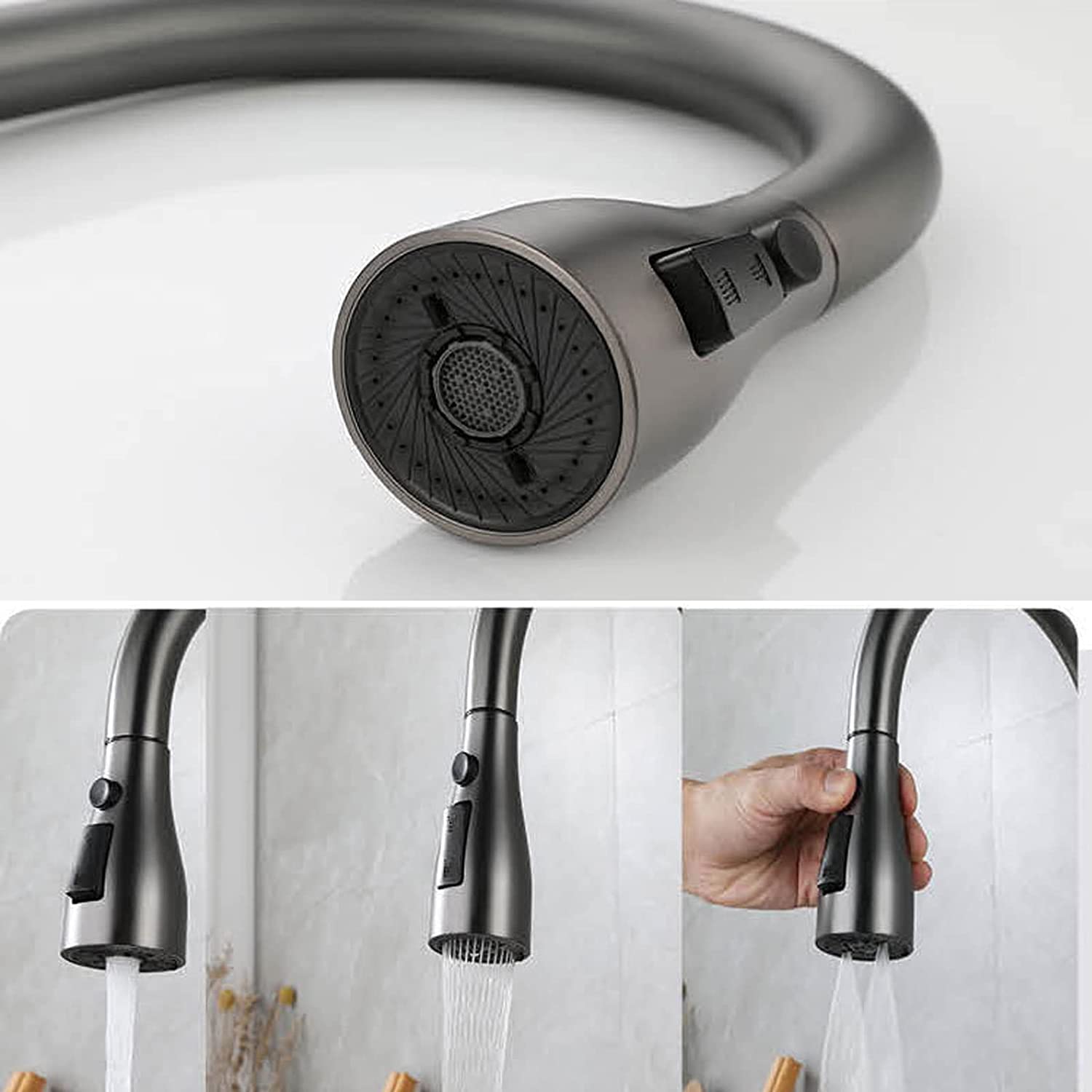 High Arc Single Hole Kitchen Faucet with Removable Sprayer - 3 Function Pull Down Copper Alloy Sink Faucet in Gray for Modern Home Cooking and Dishwashing