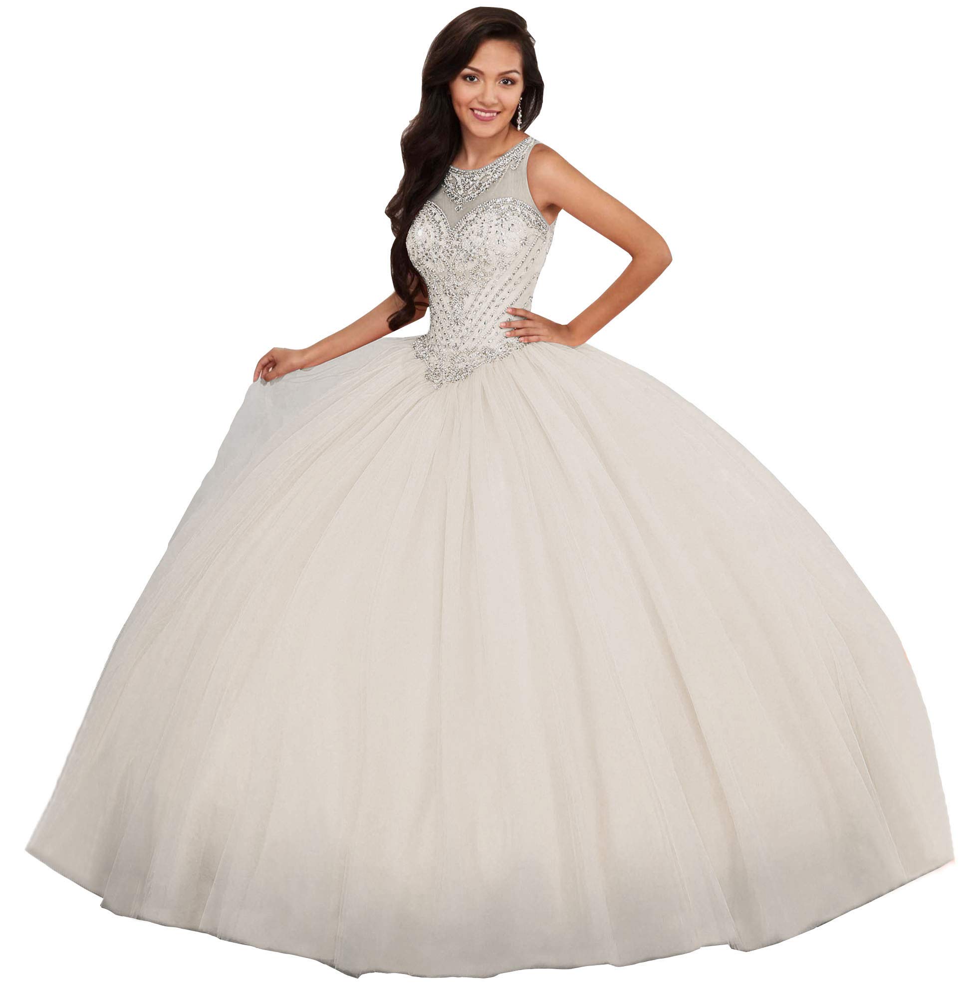 Emmani Women's Sleeveless Beaded Quinceanera Dress - Sweet 16 Party Gown in Ivory - Perfect for Quinceañeras, Proms, and Formal Celebrations
